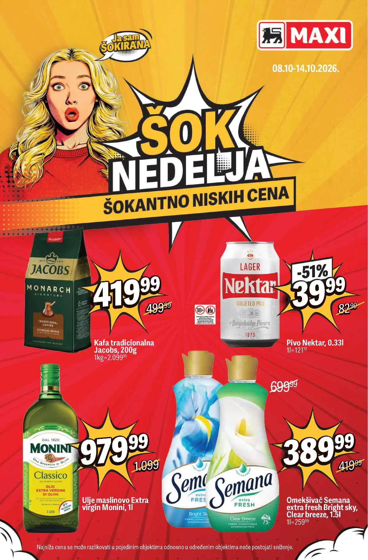 Maxi Šok nedelja od 08. do 14.10.2026. – kafa Jacobs, pivo Nektar, maslinovo ulje Monini i omekšivač Semana na akciji