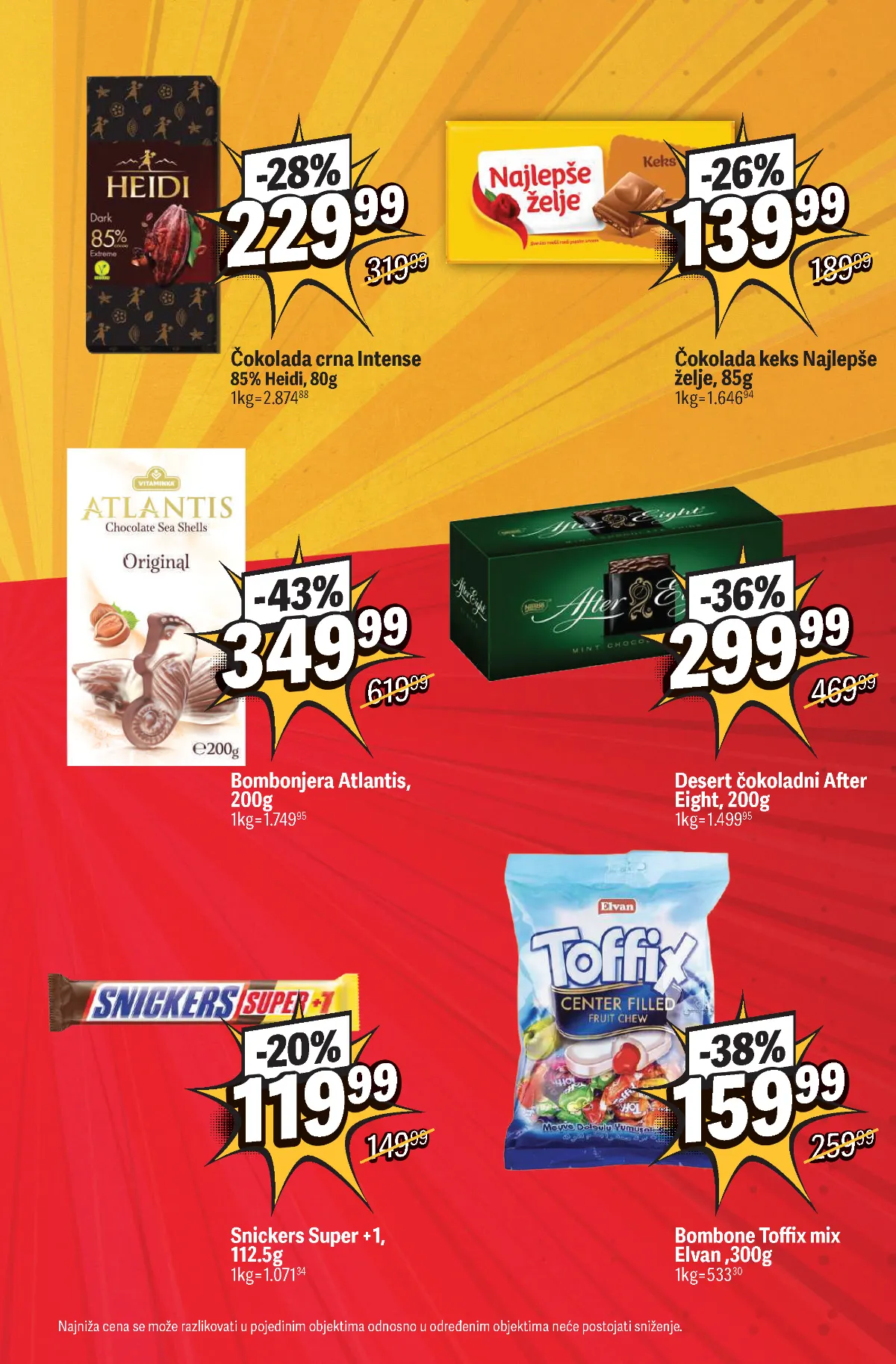 Maxi katalog, strana 9 – čokolade Heidi i Najlepše želje, Atlantis, After Eight, Snickers i Toffix