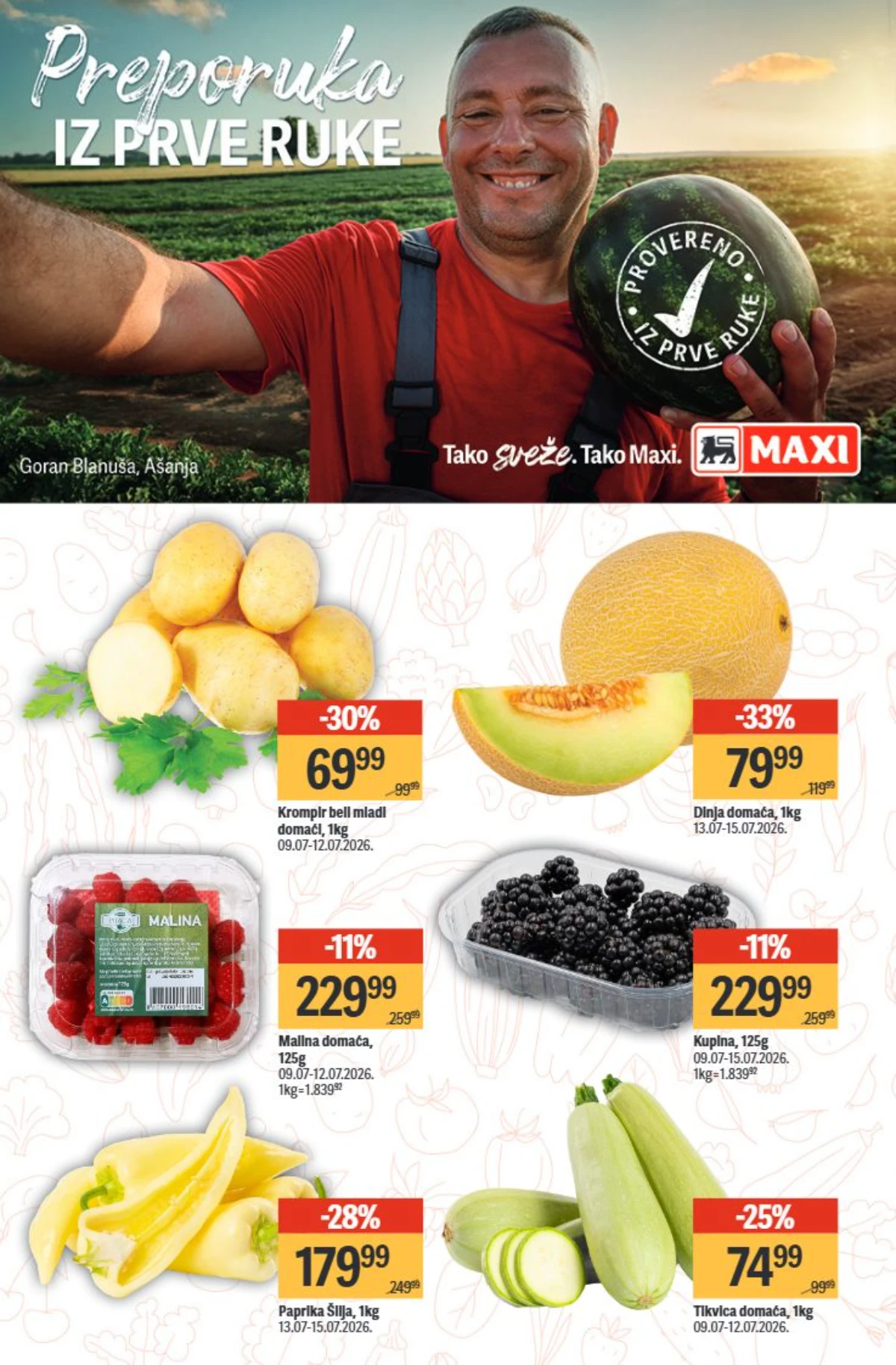 Maxi katalog 09. do 15.07.2026. – mladi krompir, dinja, maline, kupine, paprika i tikvice