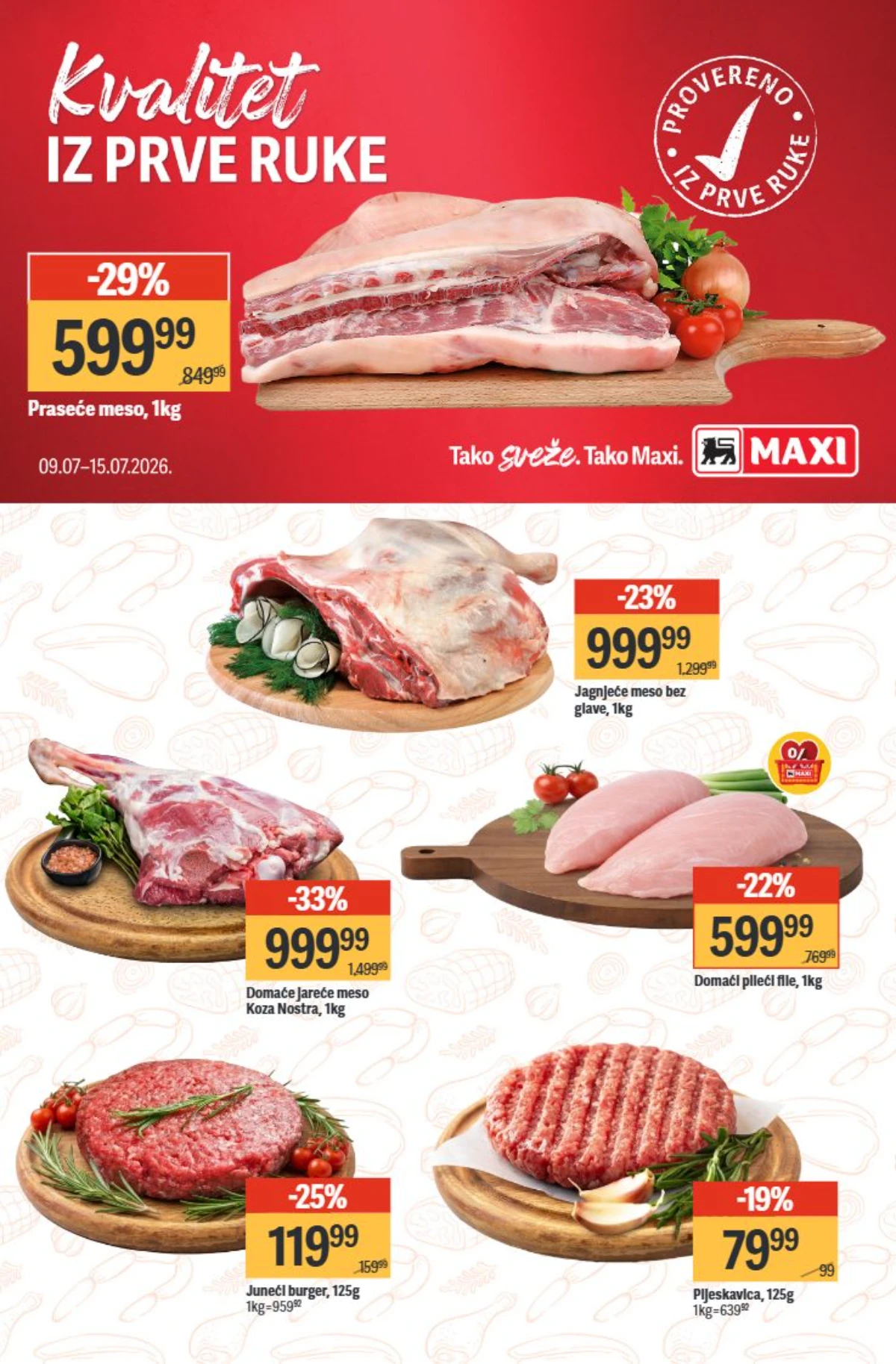 Maxi katalog 09. do 15.07.2026. – prasetina, jagnjetina, jaretina, pileći file i burgeri