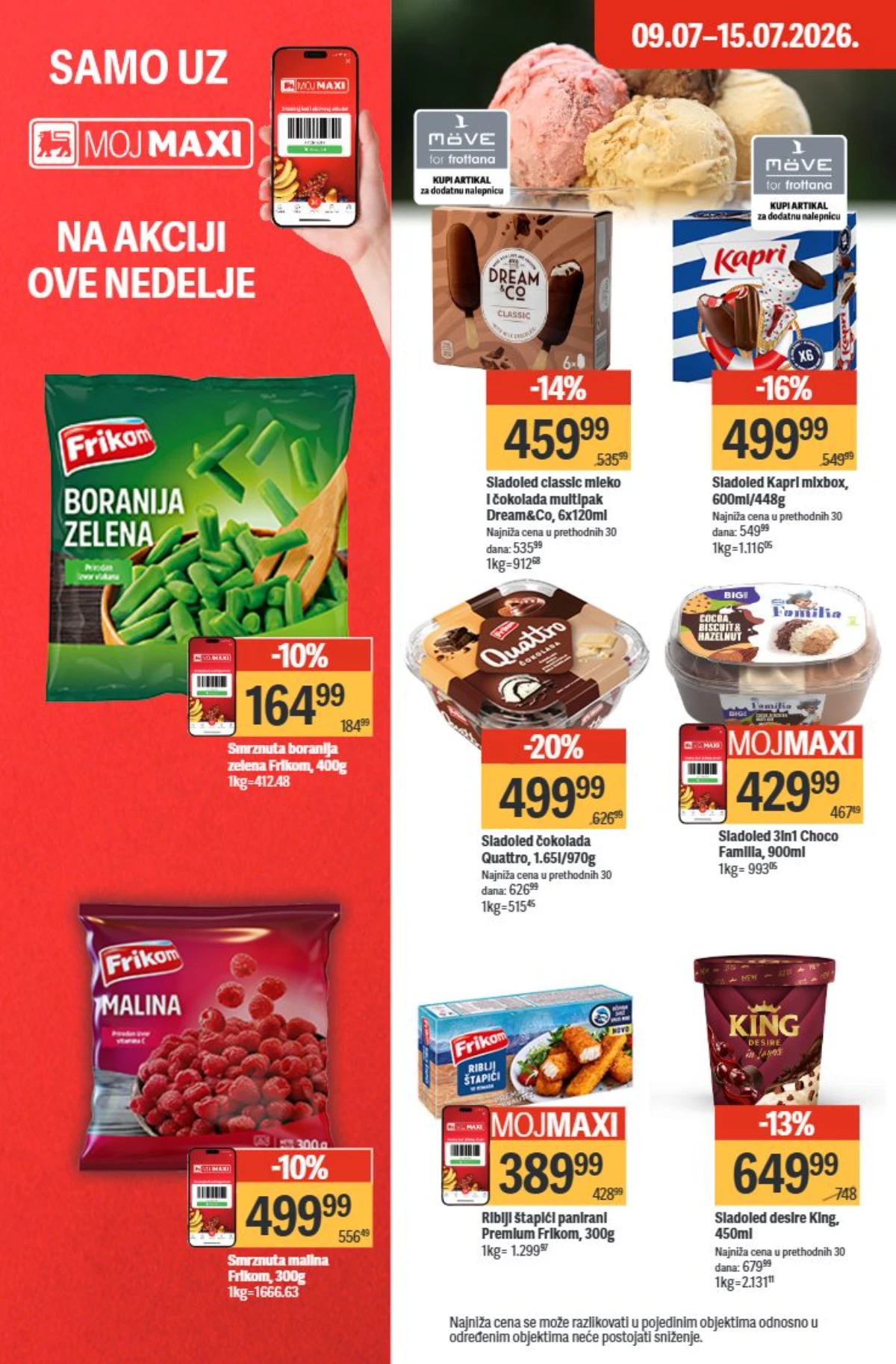 Maxi katalog 09. do 15.07.2026. – zamrznuti program, sladoledi i Moj Maxi ponude
