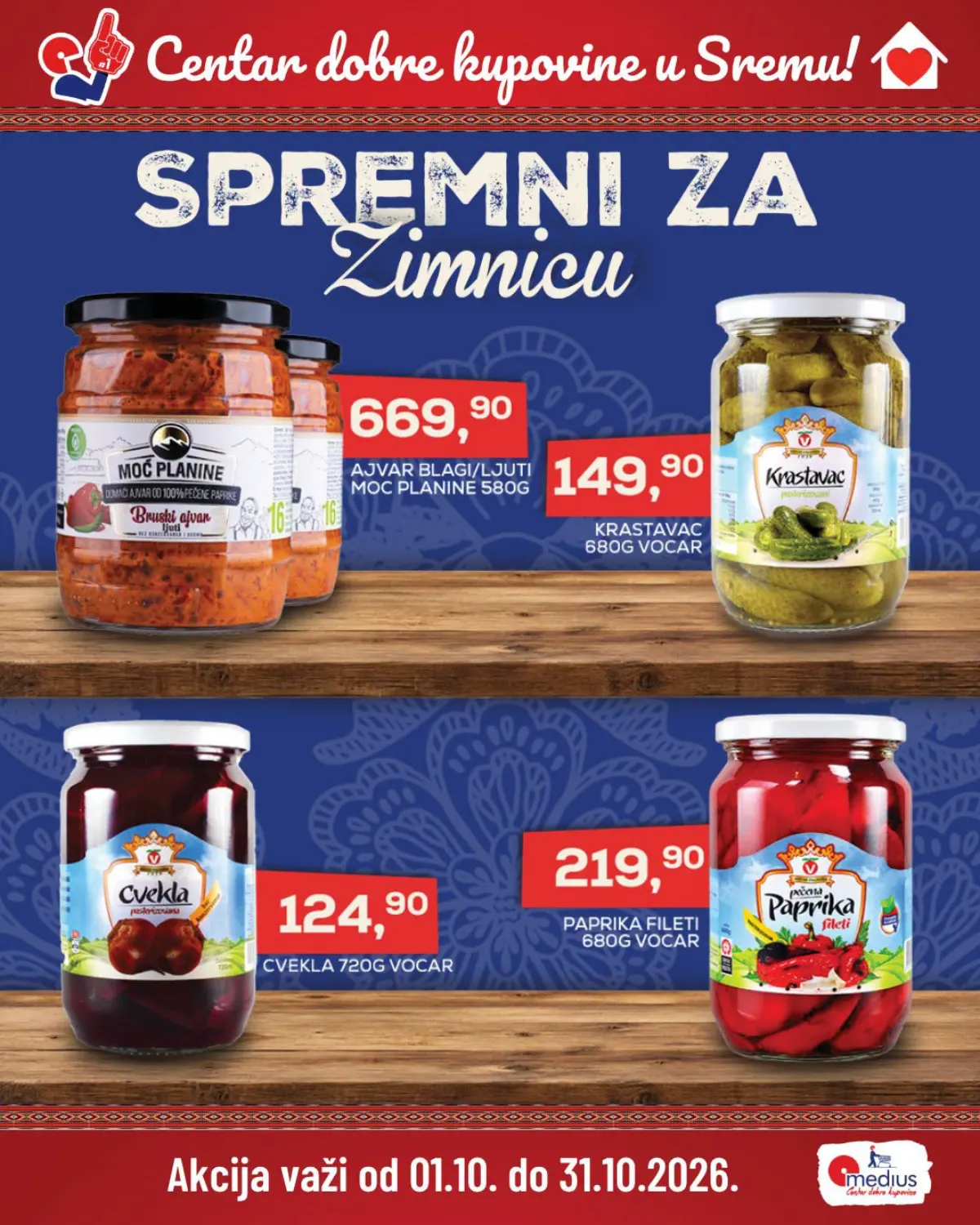 Medius akcija Spremni za zimnicu od 01.10. do 31.10.2026. – ajvar Moć Planine, krastavac, cvekla i paprika Voćar po akcijskim cenama