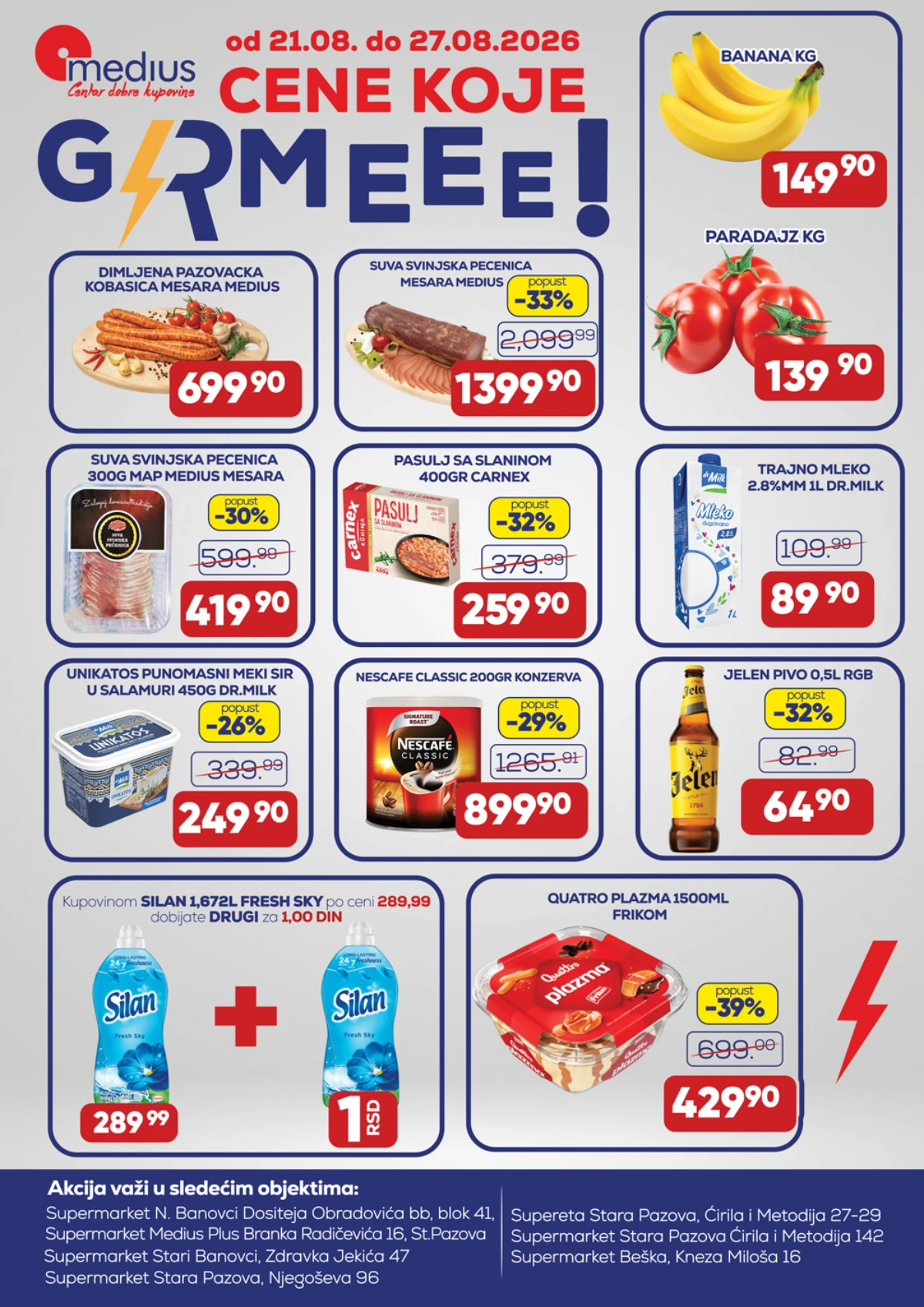 Medius Cene koje grme od 21.08. do 27.08.2026. – kobasica, pečenica, Nescafé, Jelen pivo i Plazma sladoled na akciji