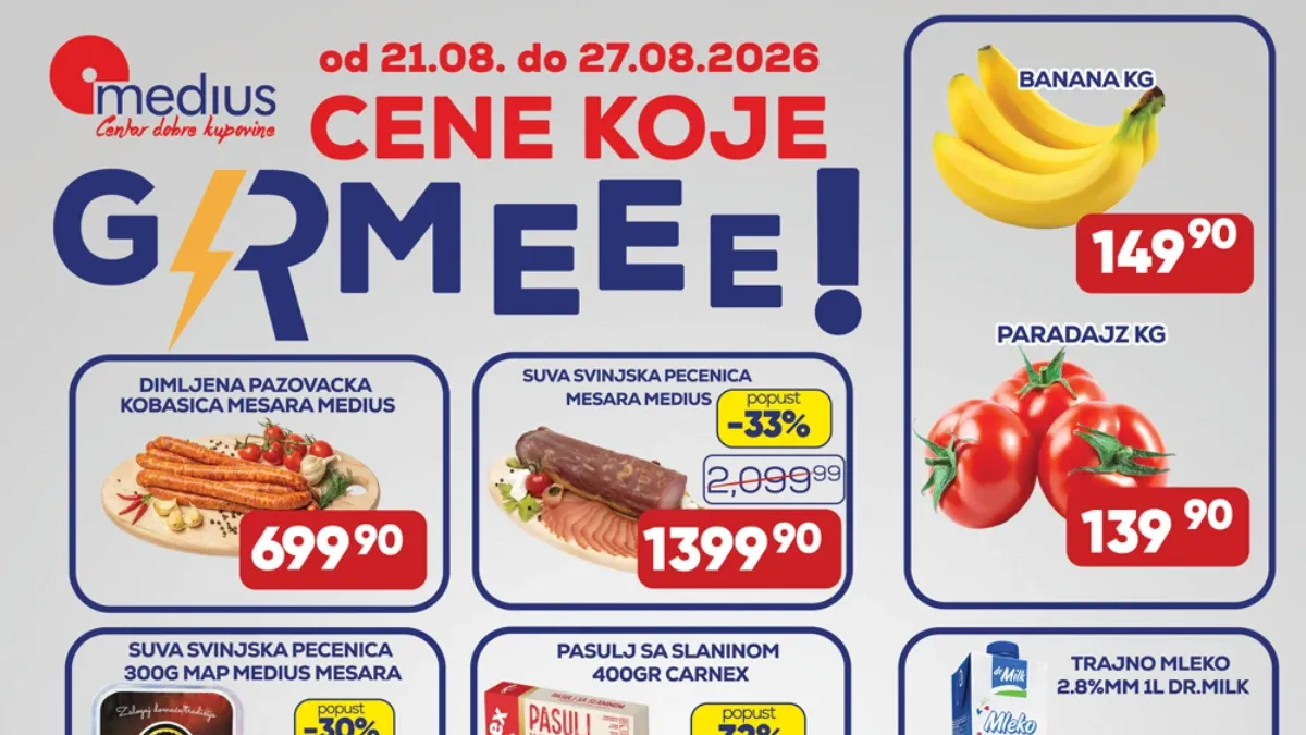 Medius Cene koje grme od 21.08. do 27.08.2026. – meso, kafa, mleko, pivo, sladoled, voće i povrće po akcijskim cenama