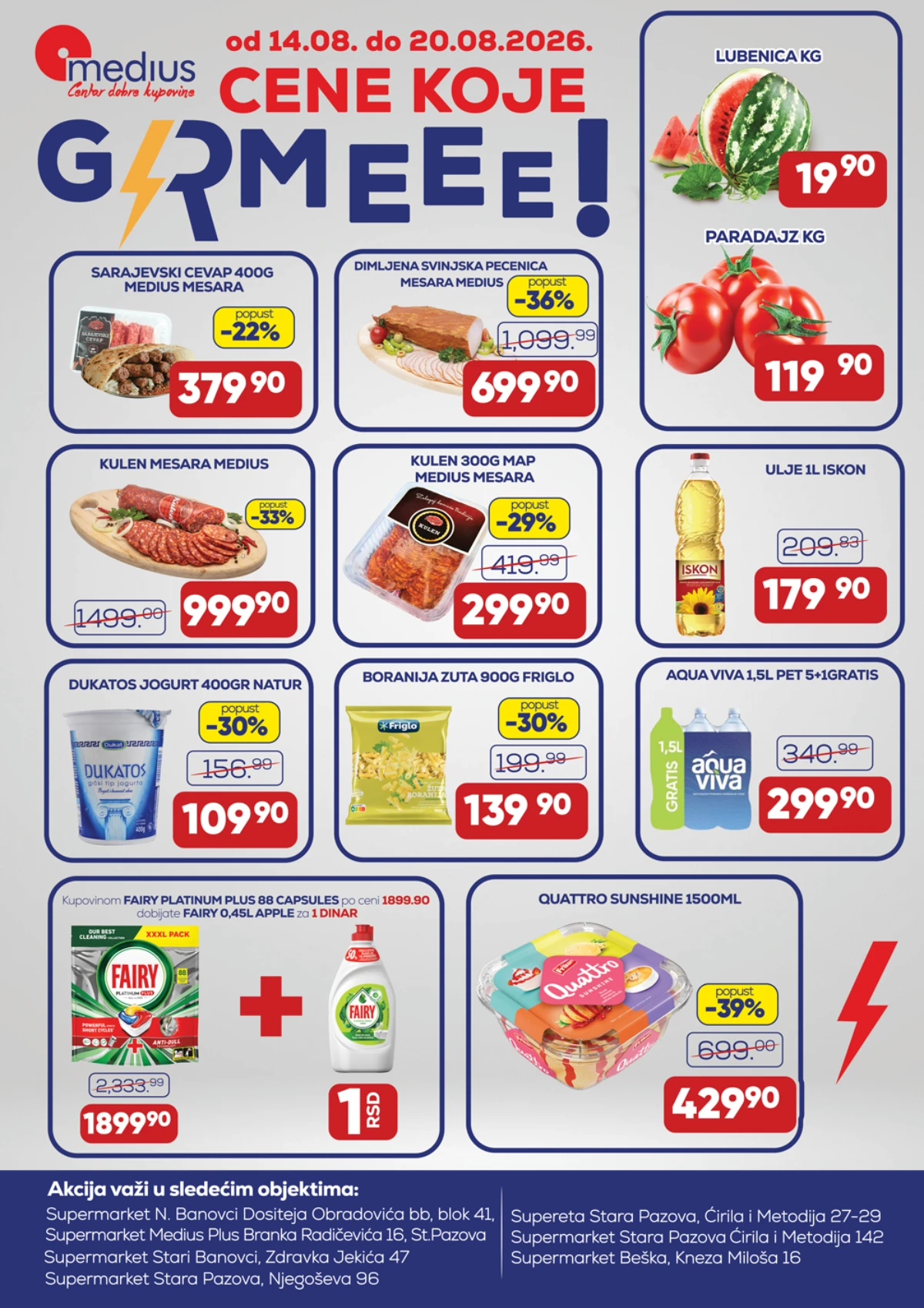 Medius akcija od 14.08. do 20.08.2026. – ćevapi, svinjska pečenica, kulen, jogurt, boranija, ulje, lubenica i paradajz po akcijskim cenama