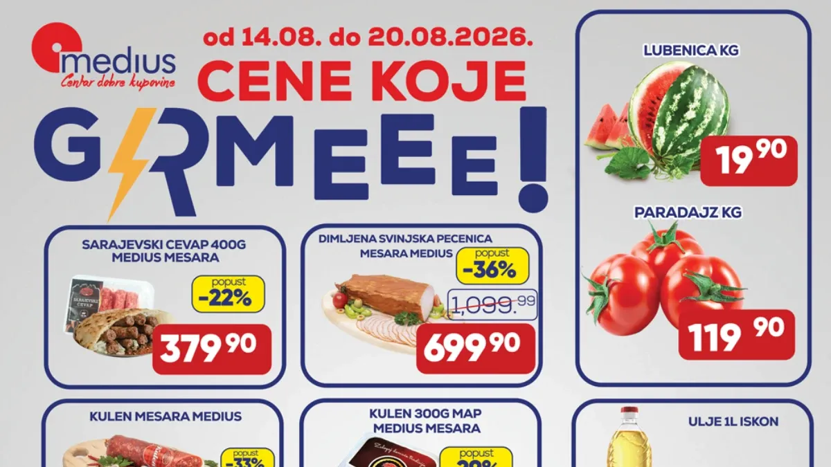 Medius akcija do 20.08.2026. – ćevapi, svinjska pečenica, kulen, jogurt, boranija, ulje, lubenica i paradajz po akcijskim cenama