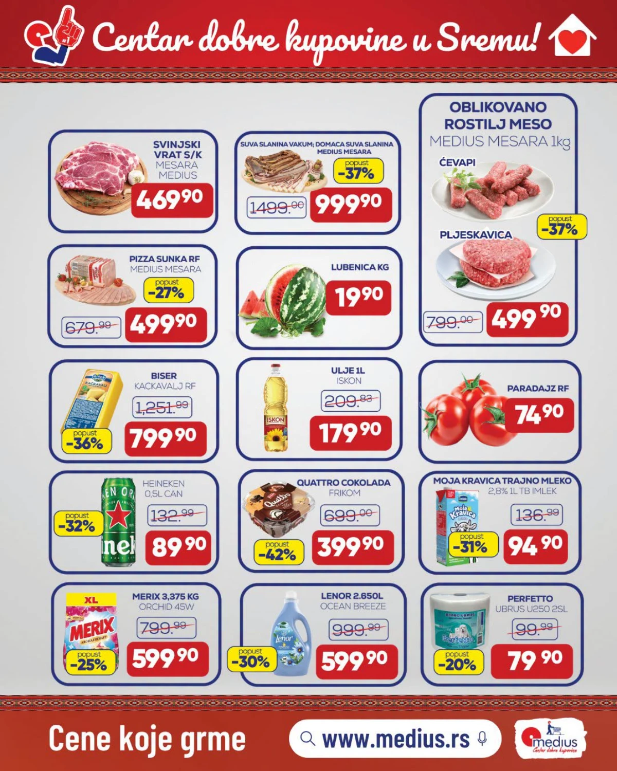 Medius akcija do 30.07.2026. – svinjski vrat, ćevapi, pljeskavice, lubenica, mleko i Heineken po akcijskim cenama