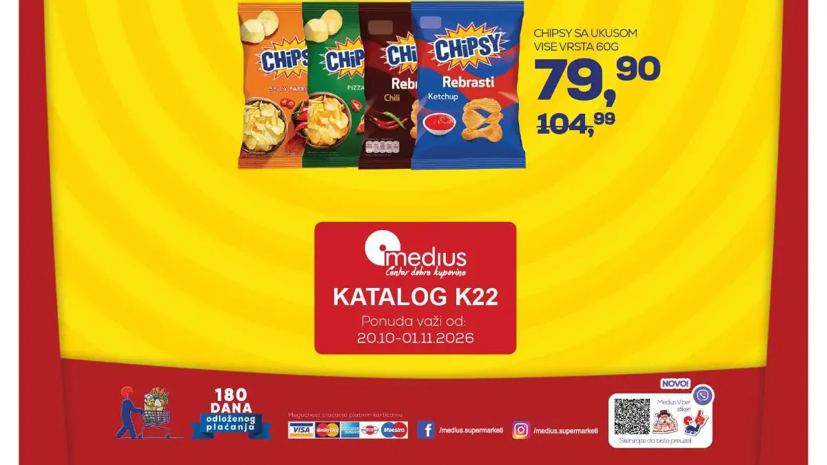 Medius katalog 20.10–01.11.2026. – Chipsy čips od 79,90 dinara i GUD pistaći 75 g za 299,90 dinara