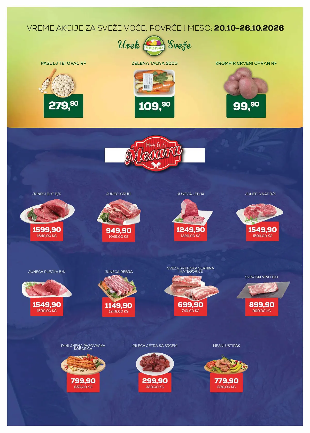 Medius katalog, strana 2 – Pasulj tetovac, rinfuz – 279,90 din/kg. Crveni oprani krompir, rinfuz – 99,90 din/kg.