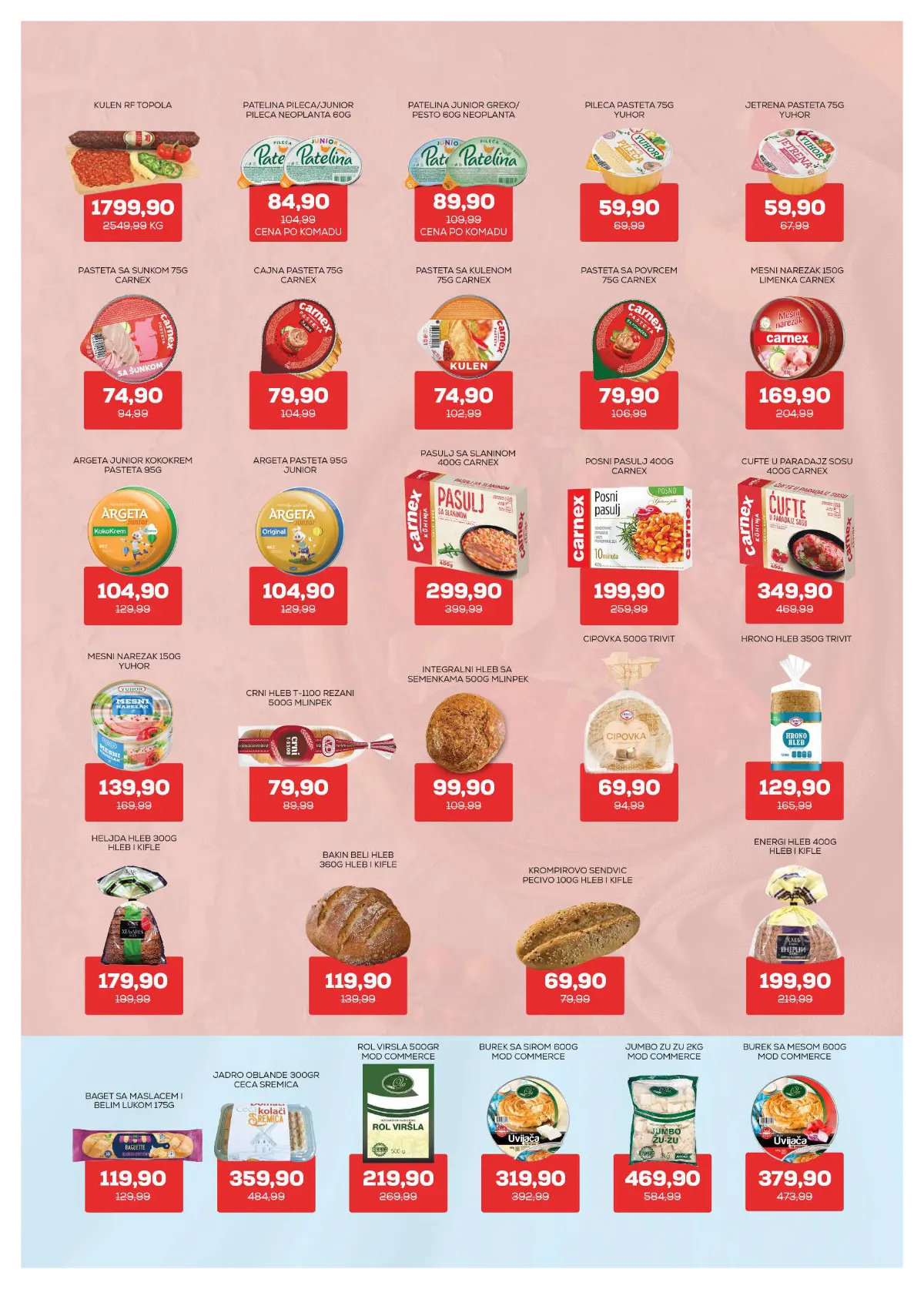 Medius katalog, strana 4 – Yuhor pileća pašteta, 75 g – 59,90 dinara. Carnex posni pasulj, 400 g – 199,90 dinara.