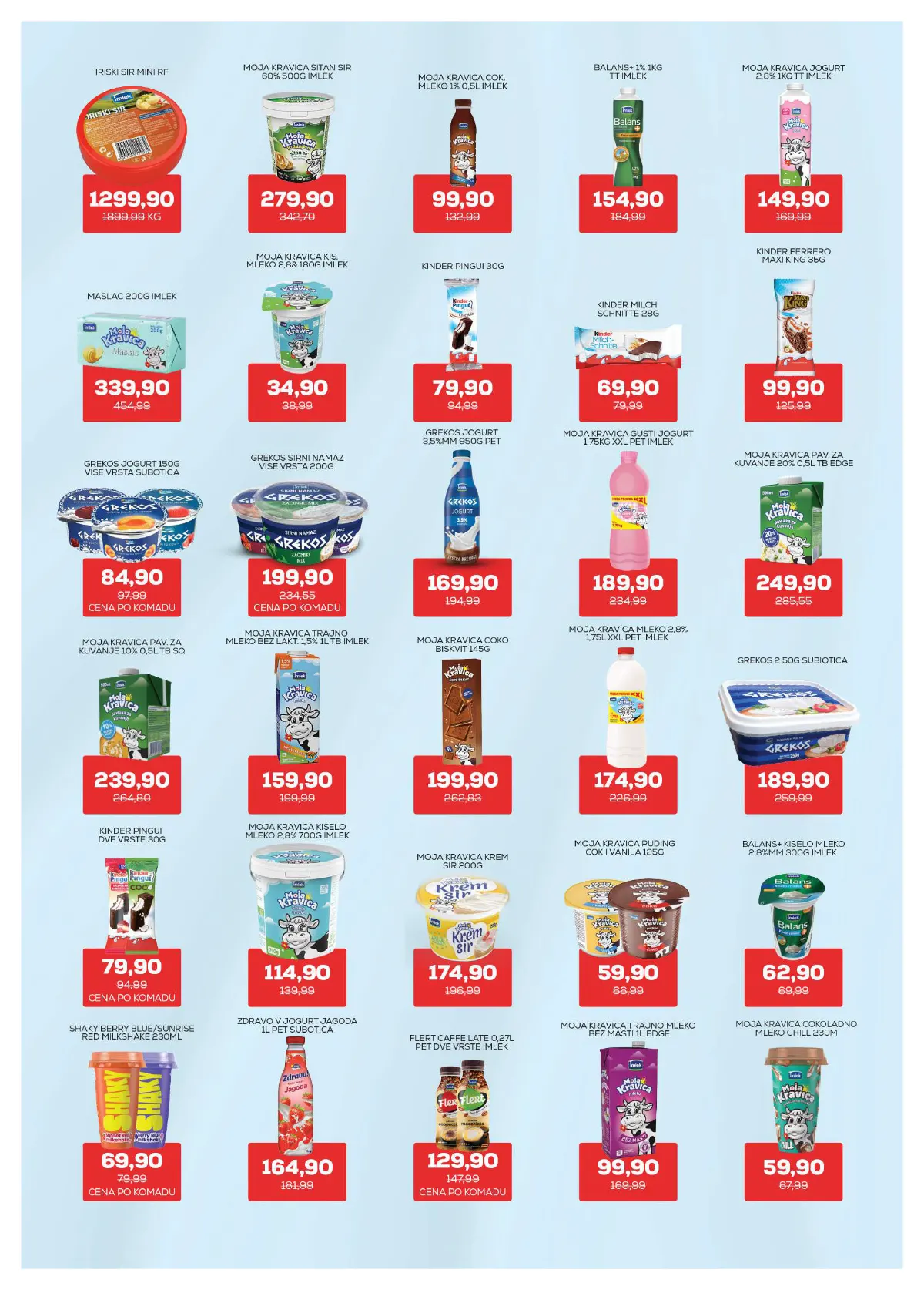 Medius katalog, strana 5 – Moja Kravica trajno mleko bez masti, 1 l – 99,90 dinara. Moja Kravica maslac, 200 g – 339,90 dinara.