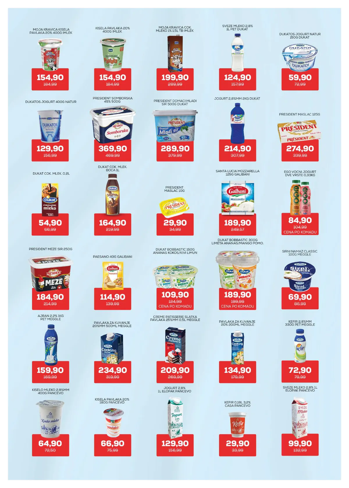 Medius katalog, strana 6 – Dukat sveže mleko 2,8% m.m., 1 l – 124,90 dinara. President Somborska, 500 g – 369,90 dinara.