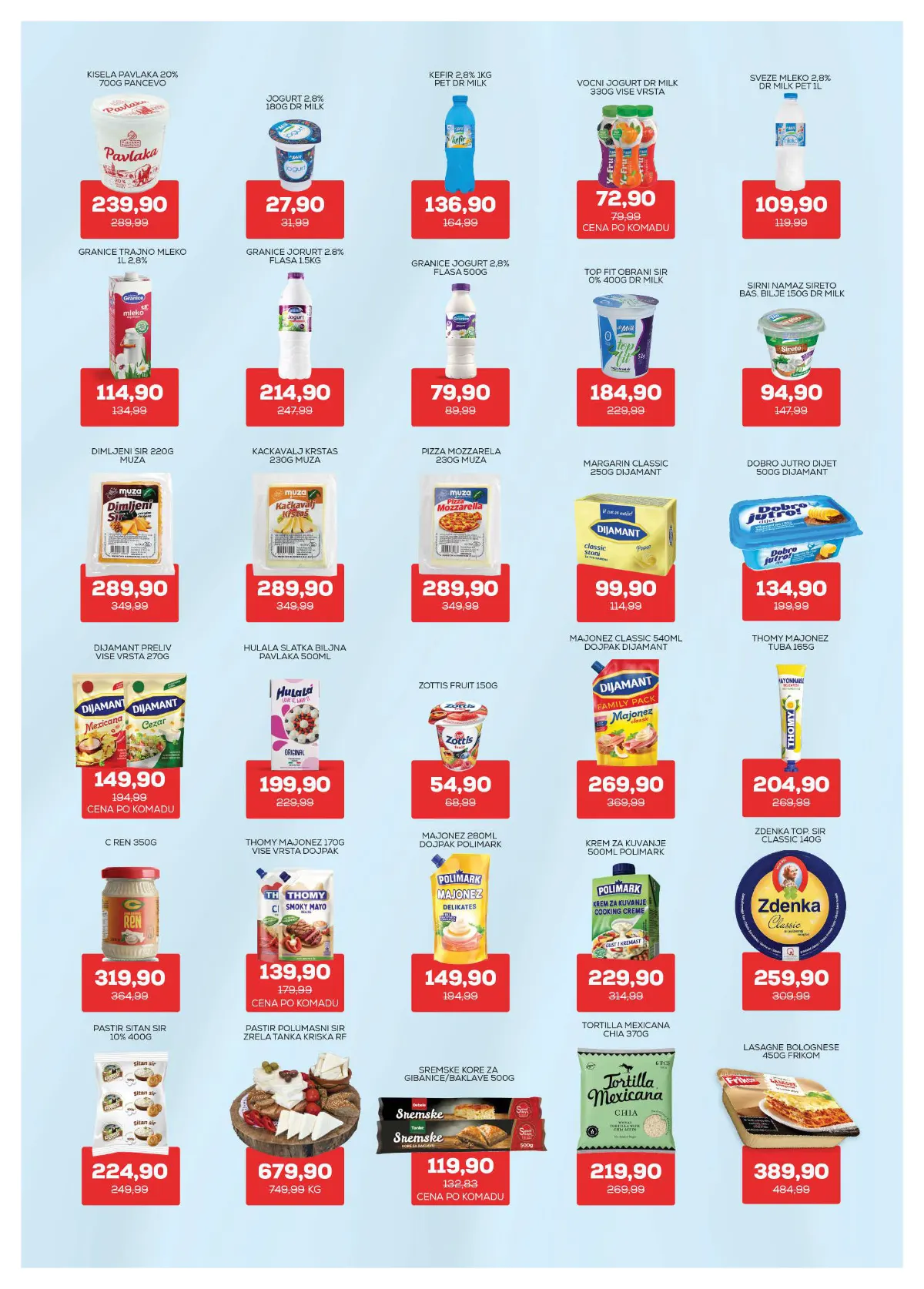 Medius katalog, strana 7 – Dr Milk jogurt 2,8% m.m., 180 g – 27,90 dinara. Dijamant majonez Classic, 540 ml – 269,90 dinara.