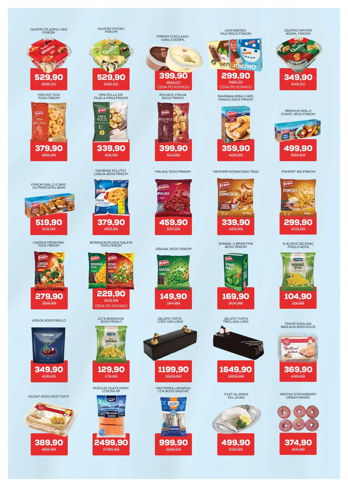 Medius katalog, strana 8 – Frikom Quattro Plazma, 1,5 kg – 529,90 dinara. Frikom pomfrit, 1 kg – 299,90 dinara.