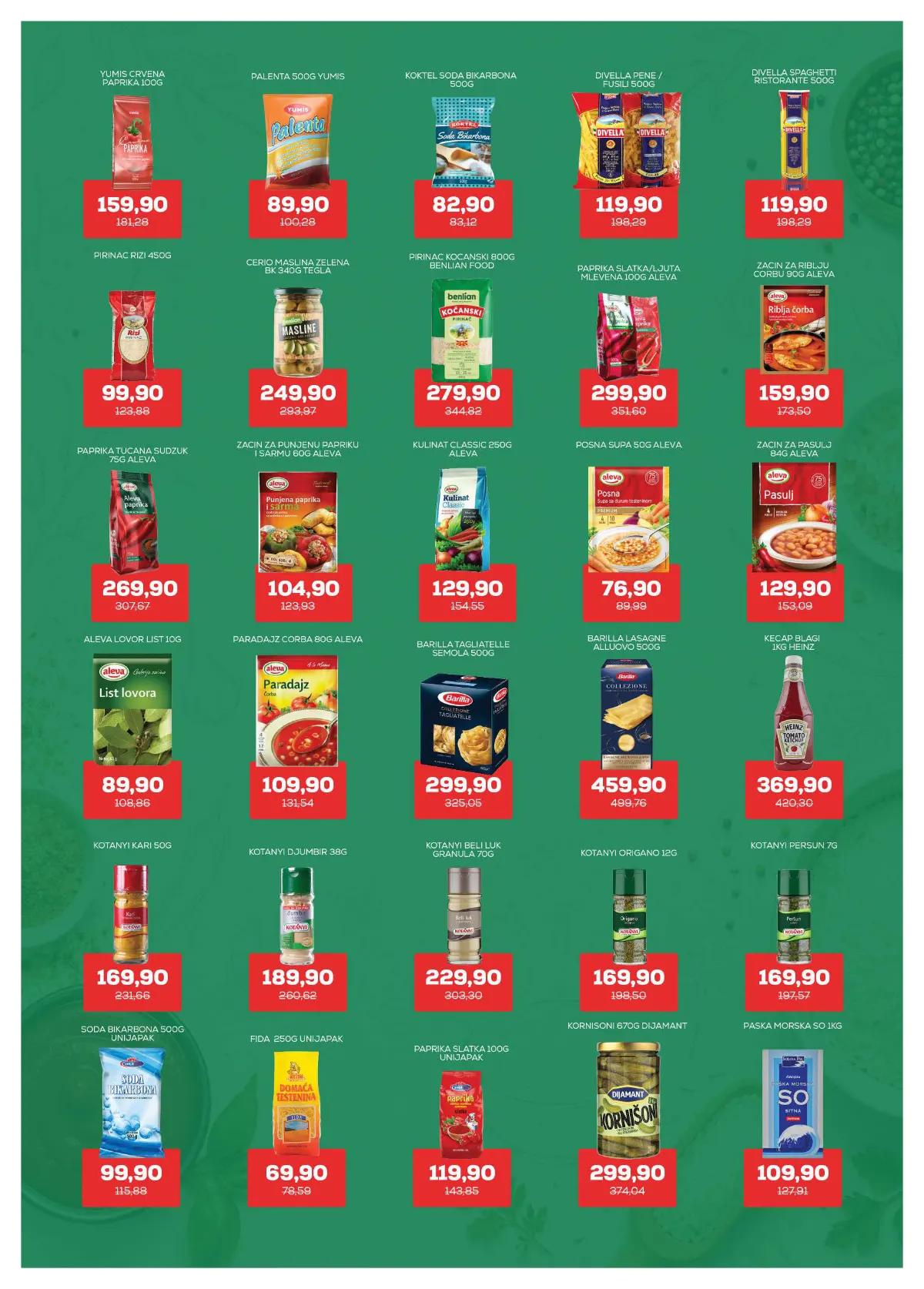 Medius katalog, strana 9 – Divella Penne ili Fusili, 500 g – 119,90 dinara po pakovanju. YumIS palenta, 500 g – 89,90 dinara.
