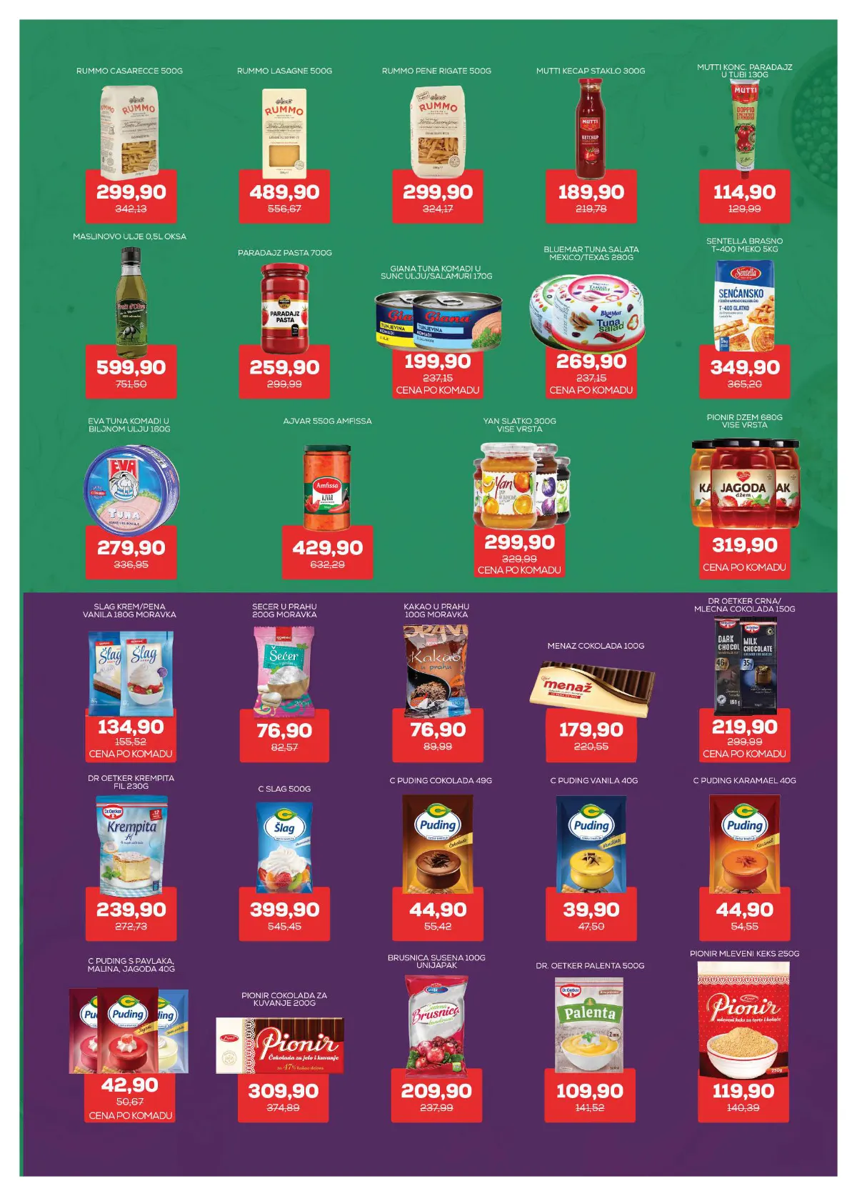 Medius katalog, strana 12 – Sentella meko brašno T-400, 5 kg – 349,90 dinara. Menaž čokolada, 100 g – 179,90 dinara.
