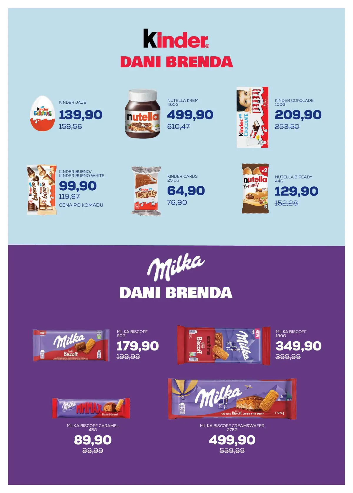 Medius katalog, strana 16 – Nutella krem, 400 g – 499,90 dinara. Milka Biscoff čokolada, 90 g – 179,90 dinara.