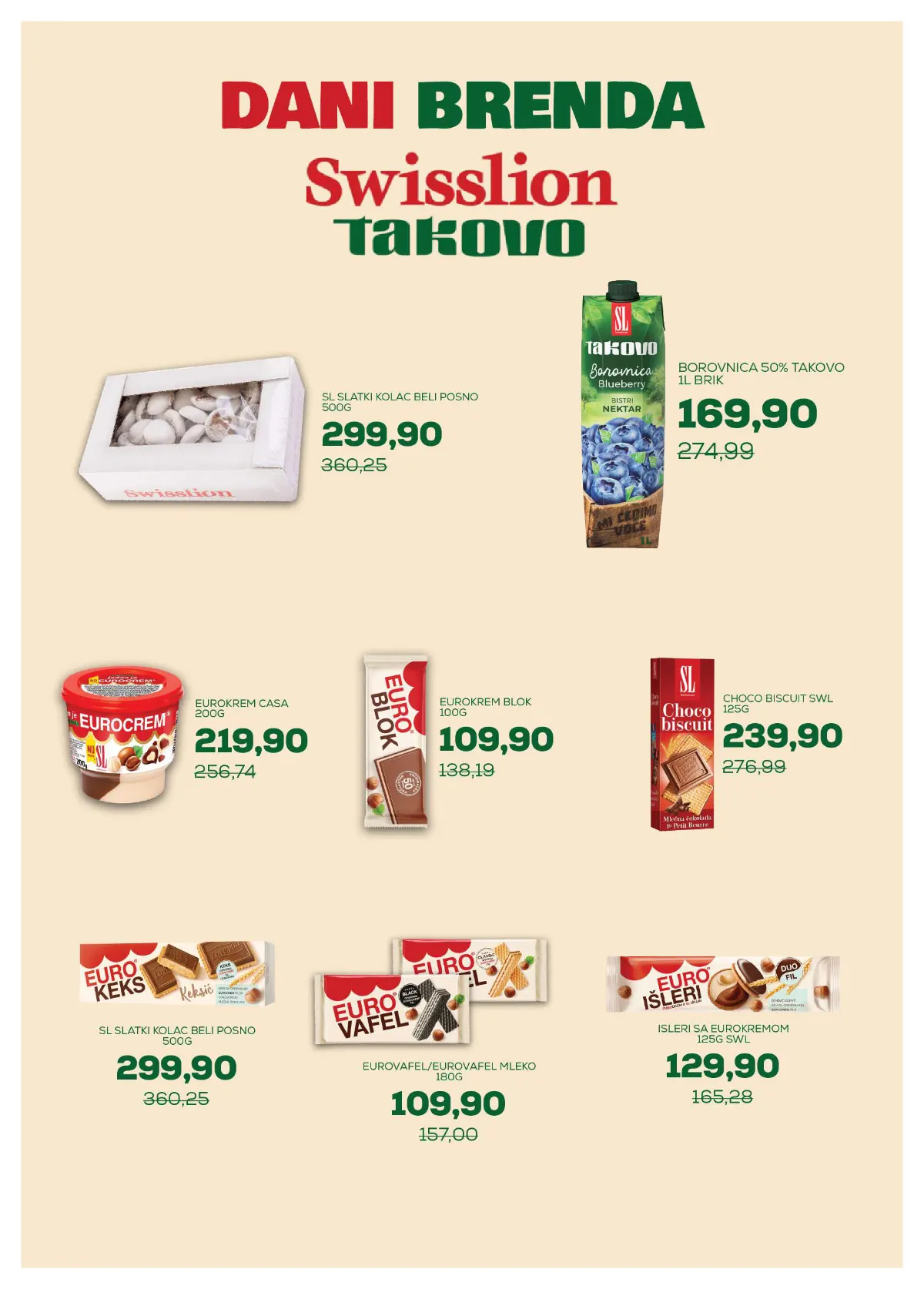 Medius katalog, strana 17 – Takovo nektar borovnica 50%, 1 l – 169,90 dinara. Eurokrem čaša, 200 g – 219,90 dinara.