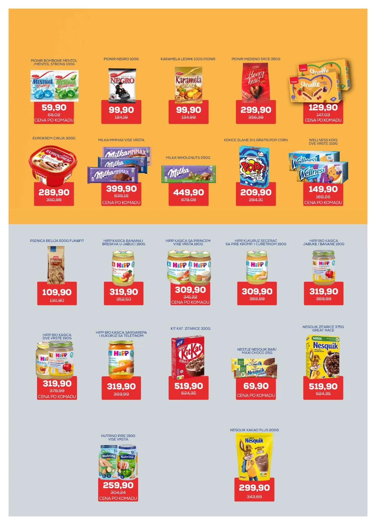 Medius katalog, strana 18 – Milka Wholenuts, 250 g – 449,90 dinara. HiPP BIO kašica jabuka i banana, 190 g – 319,90 dinara.