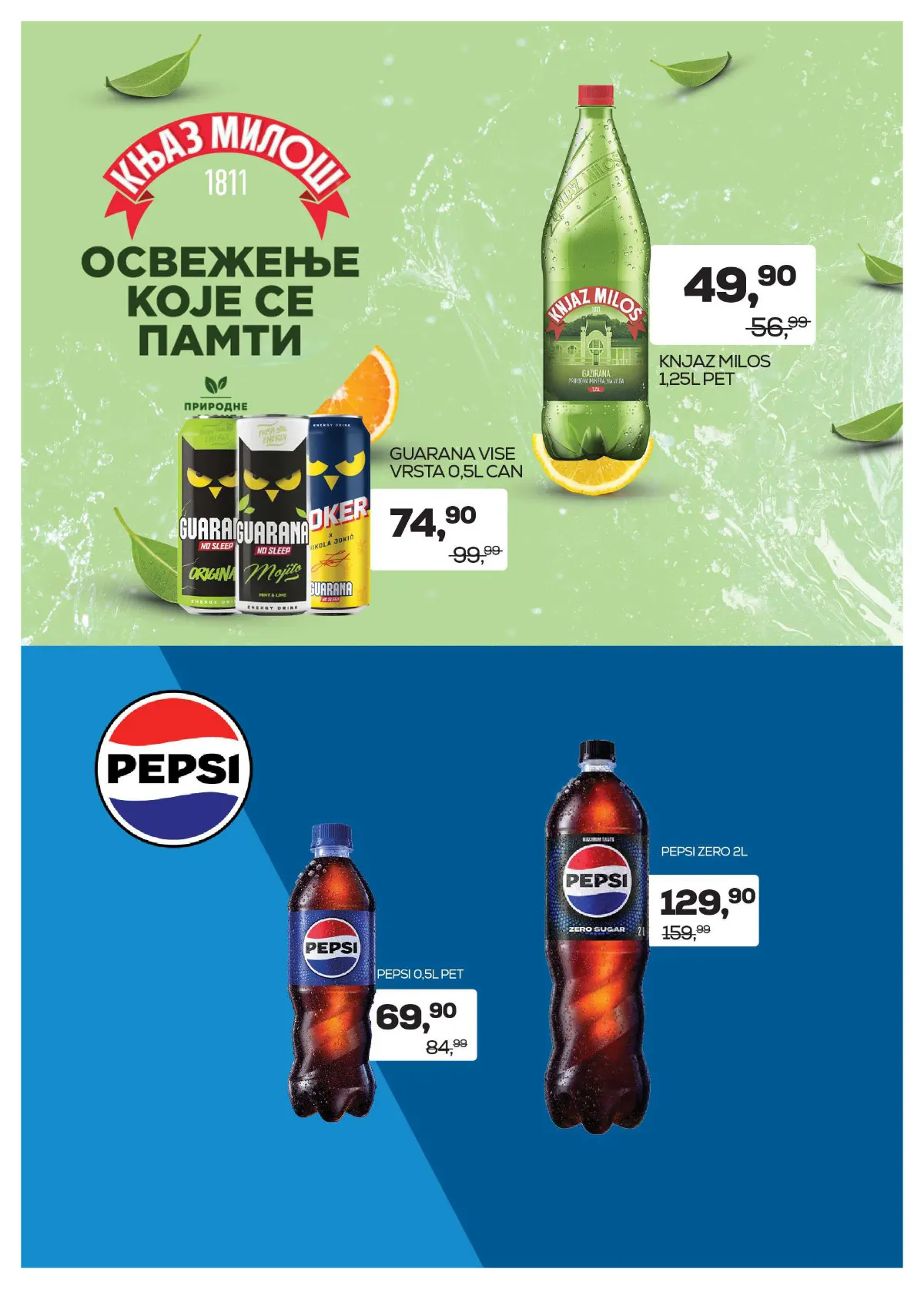 Medius katalog, strana 19 – Knjaz Miloš gazirana voda, 1,25 l – 49,90 dinara. Pepsi Zero, 2 l – 129,90 dinara.