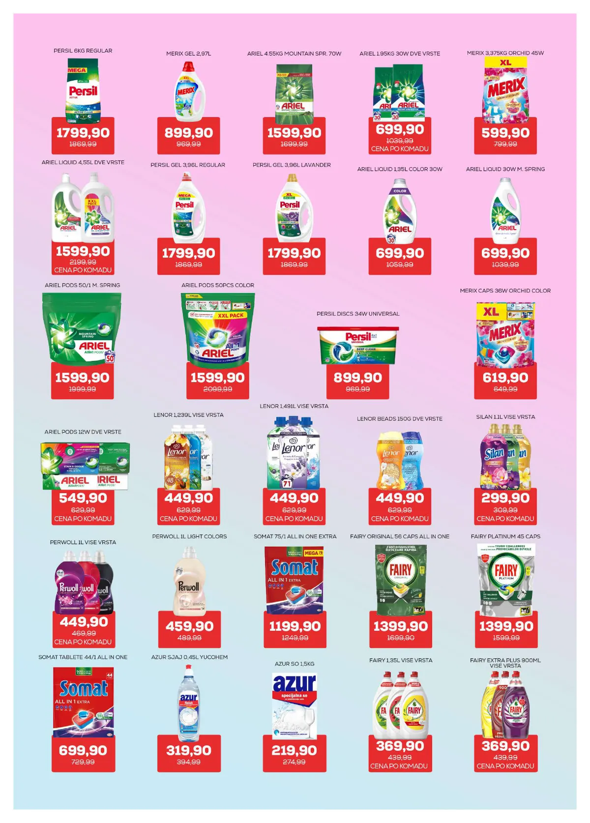 Medius katalog, strana 22 – Ariel praškasti deterdžent, 1,95 kg – 699,90 dinara po pakovanju. Merix Orchid, 3,375 kg – 599,90 dinara.