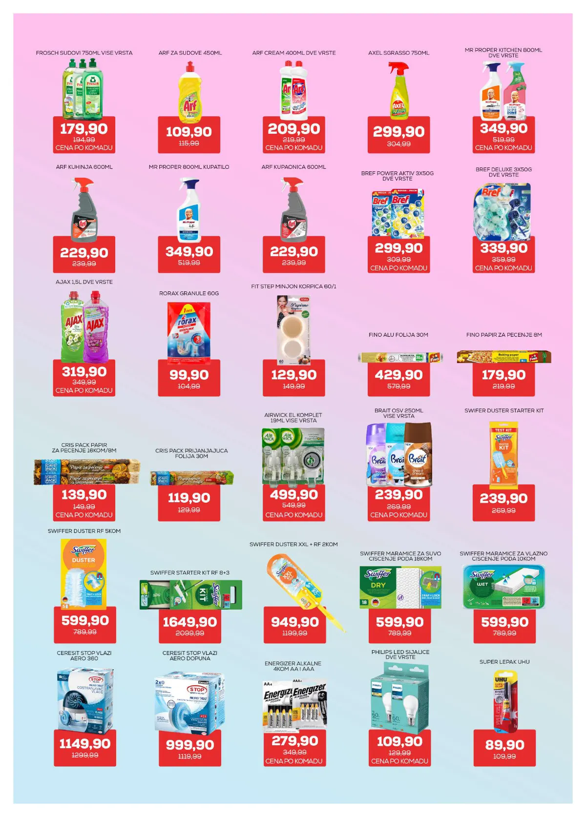 Medius katalog, strana 23 – Frosch sredstvo za sudove, 750 ml – 179,90 dinara po boci. Bref Power Aktiv, 3 × 50 g – 299,90 dinara po pakovanju.