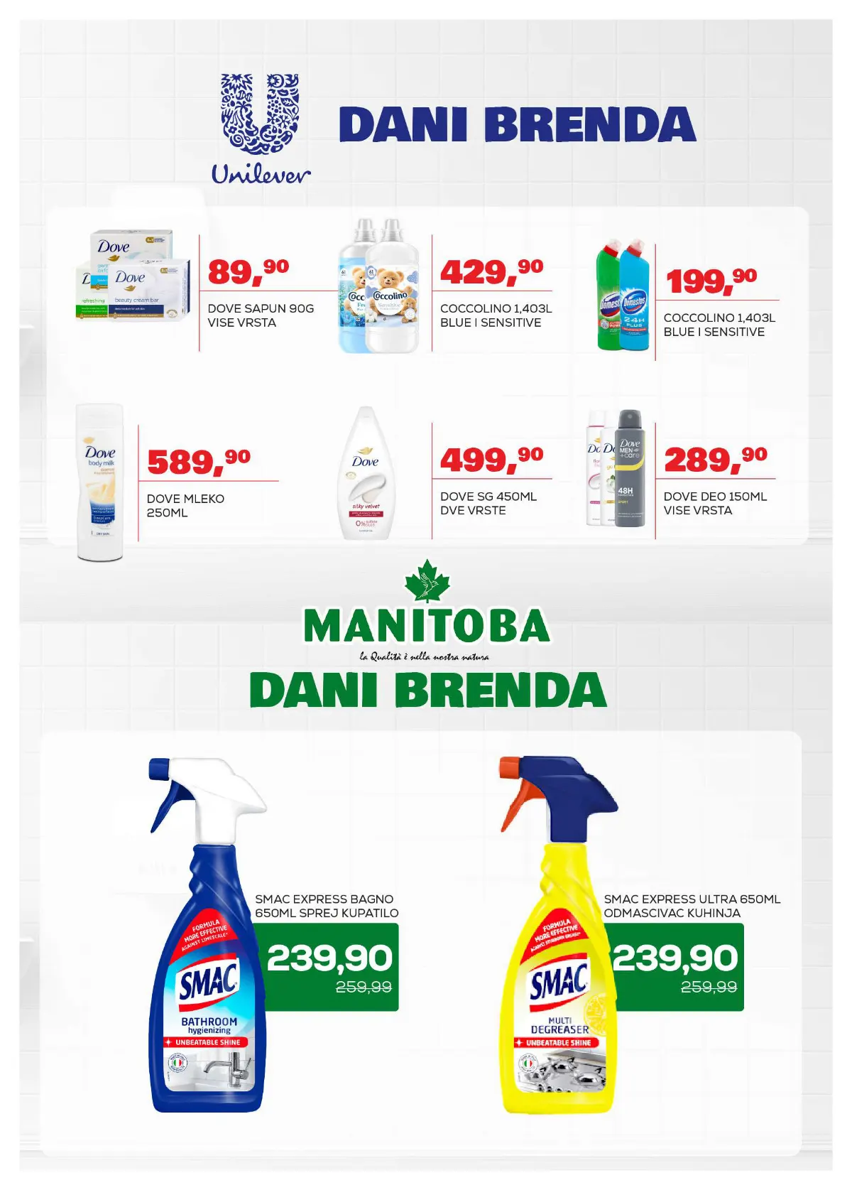 Medius katalog, strana 24 – Dove sapun, 90 g – 89,90 dinara po komadu. Smac Express sprej za kupatilo, 650 ml – 239,90 dinara.