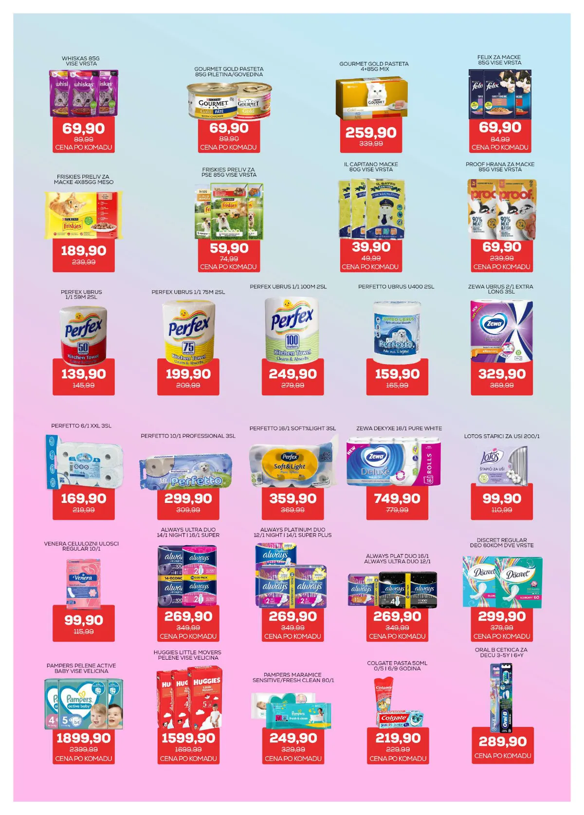 Medius katalog, strana 26 – Whiskas hrana za mačke, 85 g – 69,90 dinara po kesici. Perfex kuhinjski ubrus, 50 m, dvoslojni – 139,90 dinara.