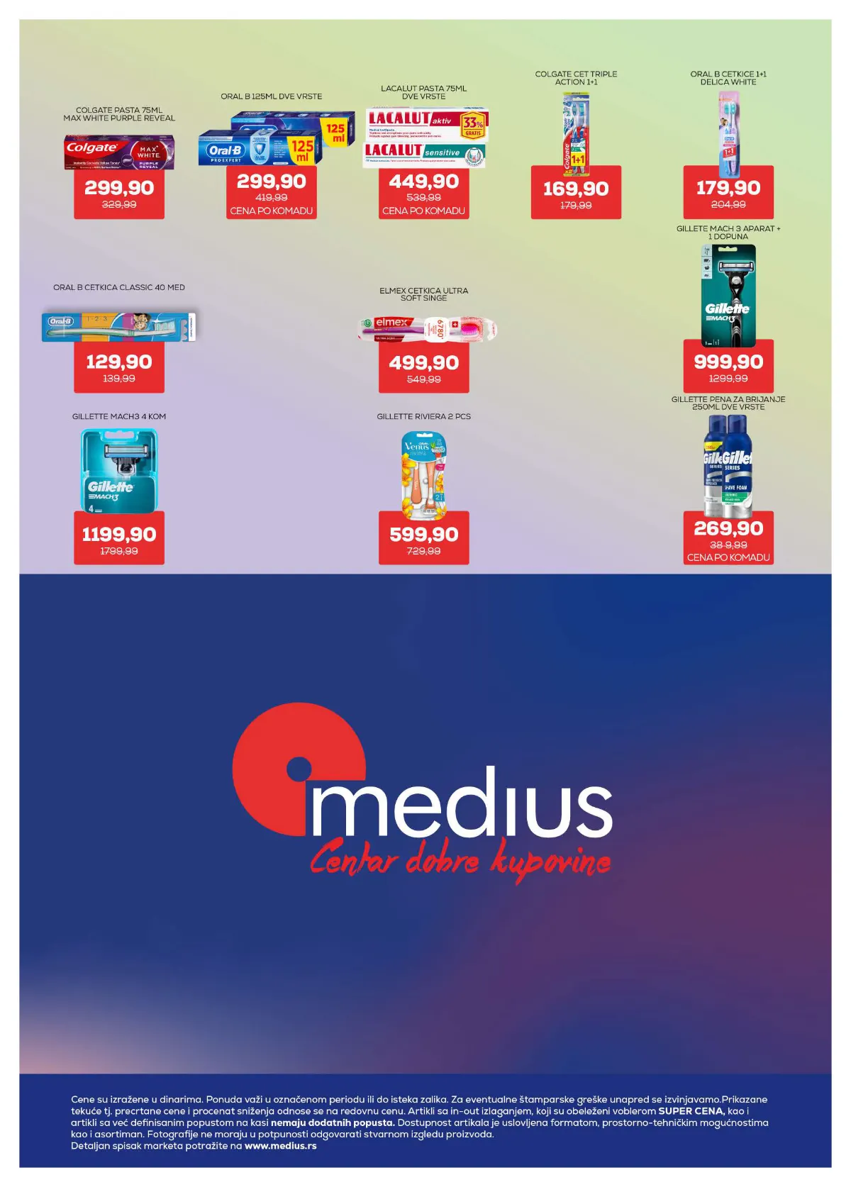 Medius katalog, strana 29 – Colgate Max White Purple Reveal pasta za zube, 75 ml – 299,90 dinara. Gillette Mach3 aparat sa jednom dopunom – 999,90 dinara.