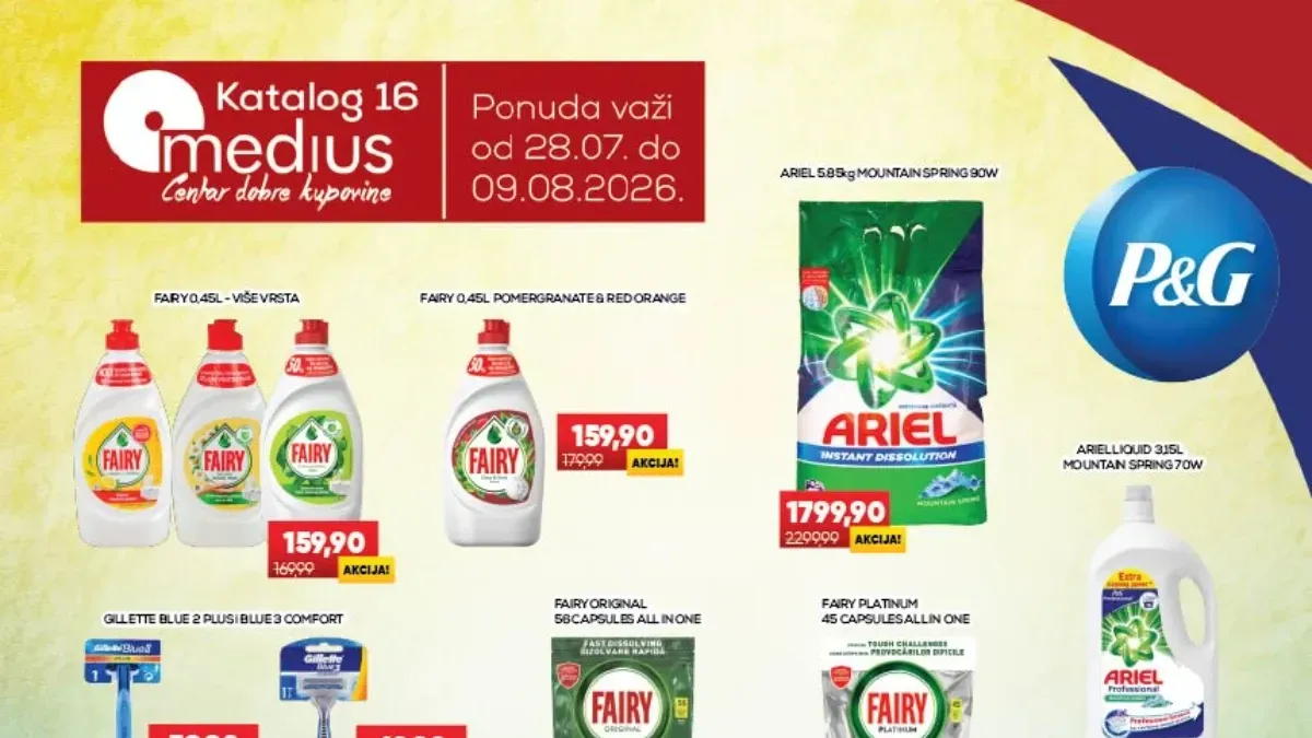 Medius katalog do 09.08.2026. donosi akcije na Ariel, Fairy, Lenor, Head & Shoulders i brojne prehrambene proizvode