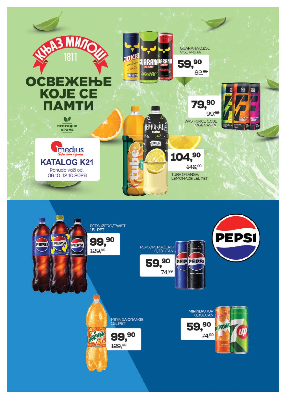 Medius katalog 06–12.10.2026. – Guarana 0,25 l i Pepsi limenka 0,33 l po 59,90 dinara, Pepsi 1,5 l za 99,90 dinara