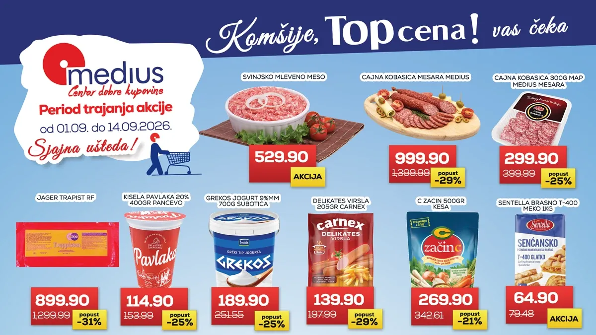 Medius Top cena akcija od 01.09. do 14.09.2026. – prehrana, piće i kućne potrepštine uz popuste do 48%