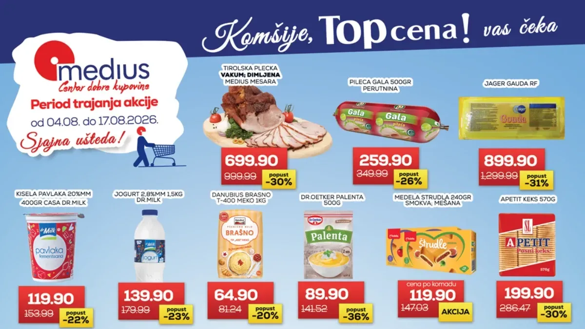 Medius Top cena do 17.08.2026. – popusti do 36% na prehranu, piće, kućnu hemiju i proizvode za domaćinstvo