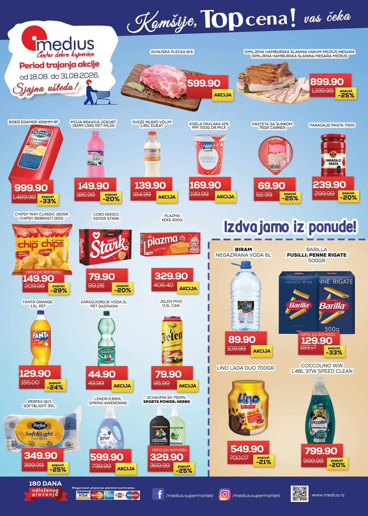 Medius TOP cena od 18.08. do 31.08.2026. – svinjska plećka, slanina, edamer, jogurt, Plazma, Barilla testenina i kućna hemija na akciji