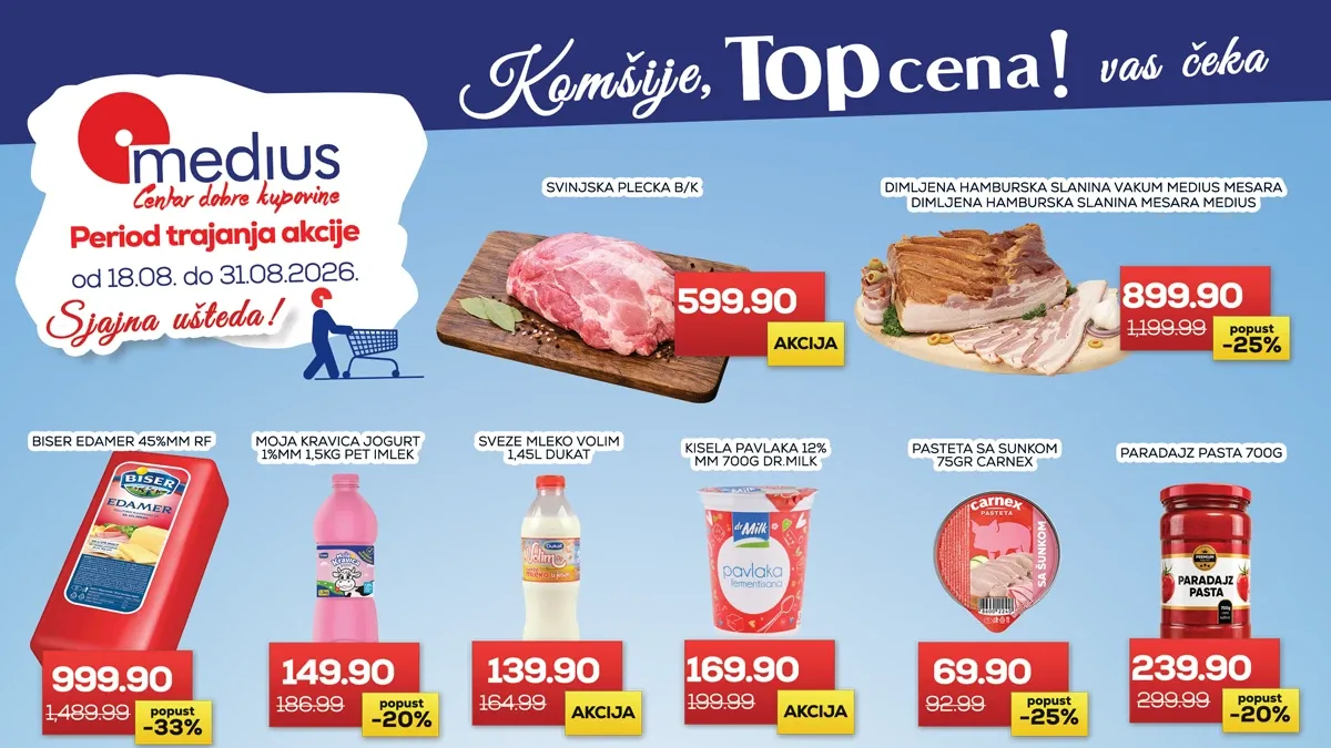 Medius TOP cena od 18.08. do 31.08.2026. – svinjska plećka, slanina, edamer, jogurt, Plazma, Barilla testenina i kućna hemija na akciji