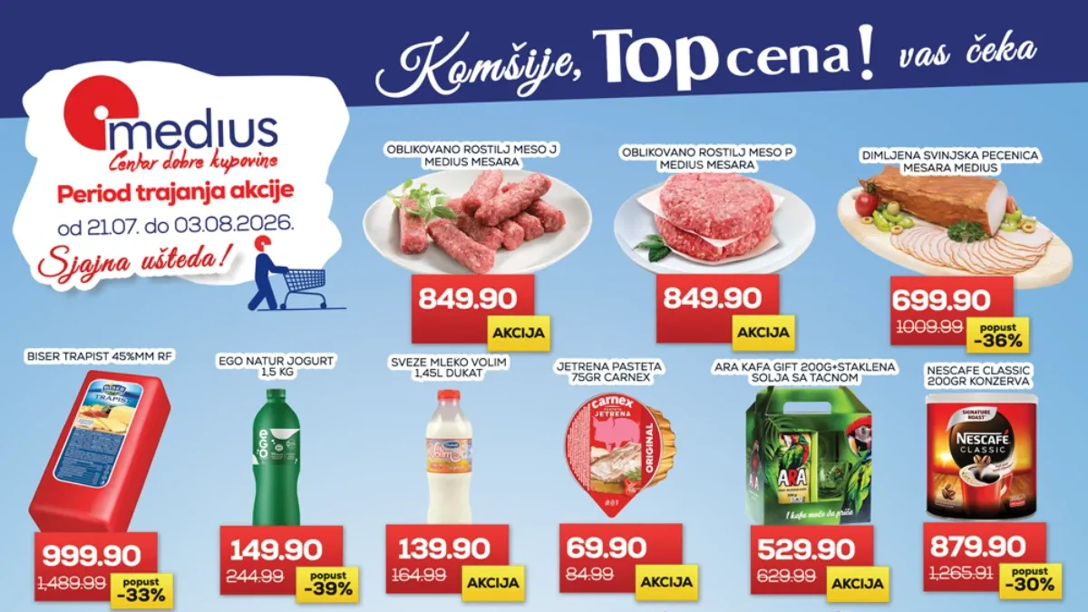 Medius katalog – Top cene uz popuste do 39% na prehranu, piće, kućnu hemiju, proizvode za domaćinstvo i hranu za kućne ljubimce do 03.08.2026.