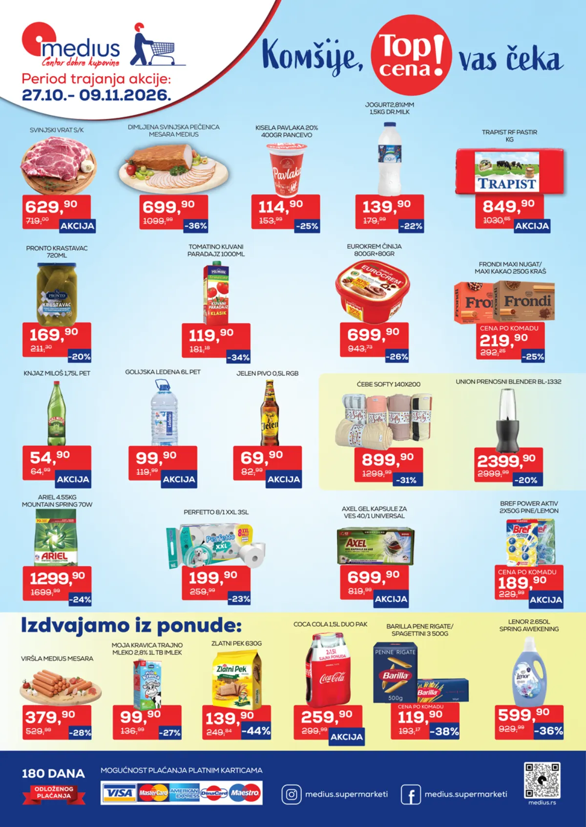 Medius Top cena katalog od 27.10. do 09.11.2026. – svinjski vrat 629,90 din, dimljena pečenica 699,90 din, Zlatni Pek 139,90 din, Barilla 119,90 din i popusti do 44%