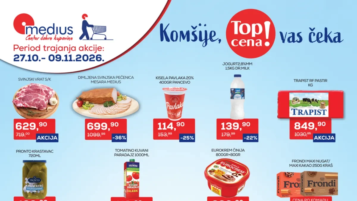 Medius Top cena katalog 27.10–09.11.2026. – svinjski vrat 629,90 din, dimljena pečenica 699,90 din, pavlaka 114,90 din, Ariel 1.299,90 din i popusti do 44%