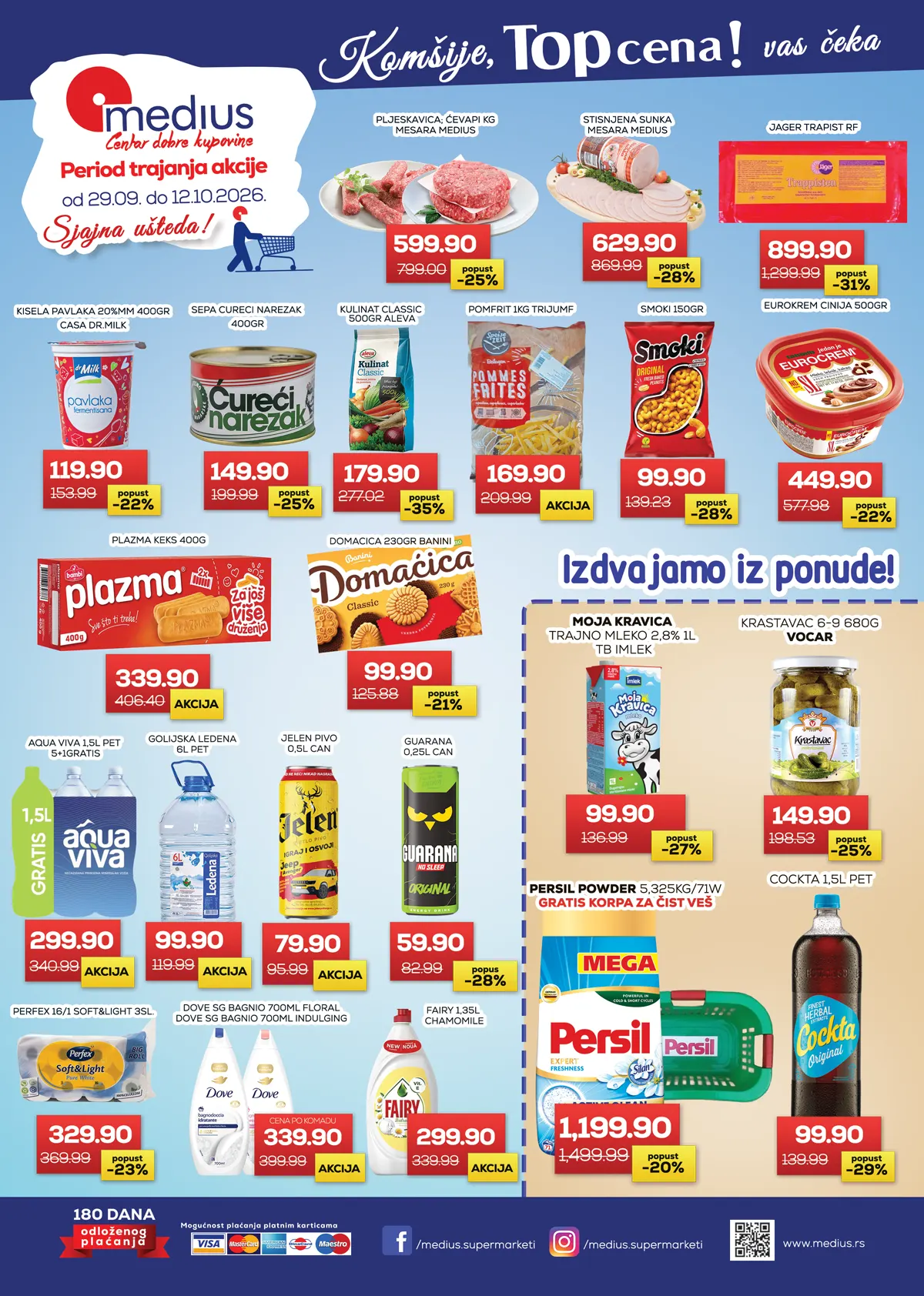 Medius TOP cena akcija 29.09–12.10.2026. – pljeskavice, ćevapi, šunka, sir, slatkiši, piće i kućna hemija uz popuste do 35%