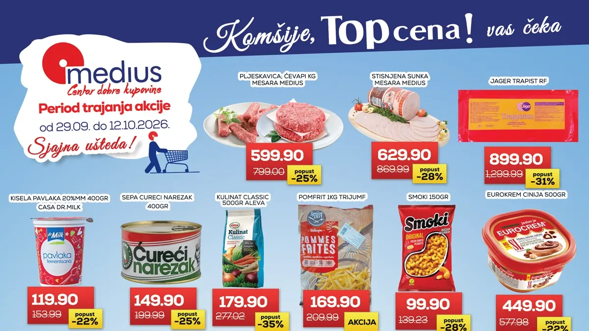 Medius TOP cena akcija 29.09–12.10.2026. – meso, mlečni proizvodi, slatkiši, piće i kućna hemija uz popuste do 35%
