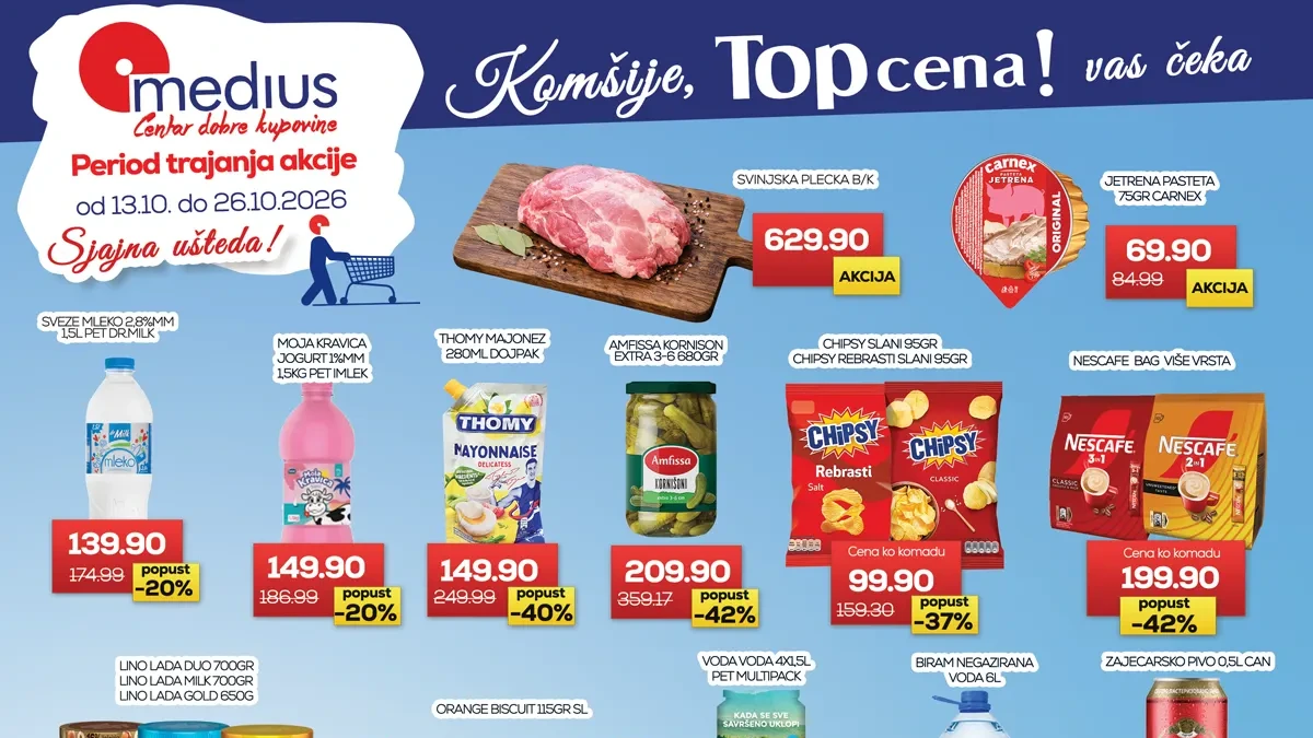 Medius TOP cene od 13. do 26.10.2026. – meso, mlečni proizvodi, slatkiši, piće, sredstva za higijenu i kućna hemija uz popuste do 42%