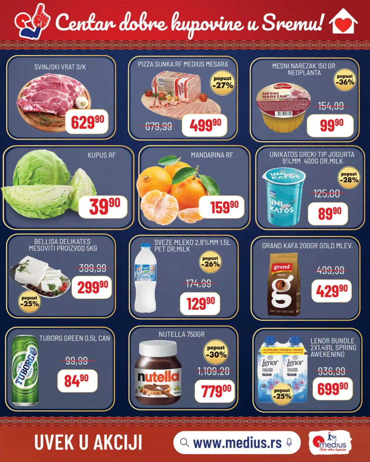 Medius Uvek u akciji do 08.10.2026. – meso, voće, mlečni proizvodi, kafa, Nutella i Lenor