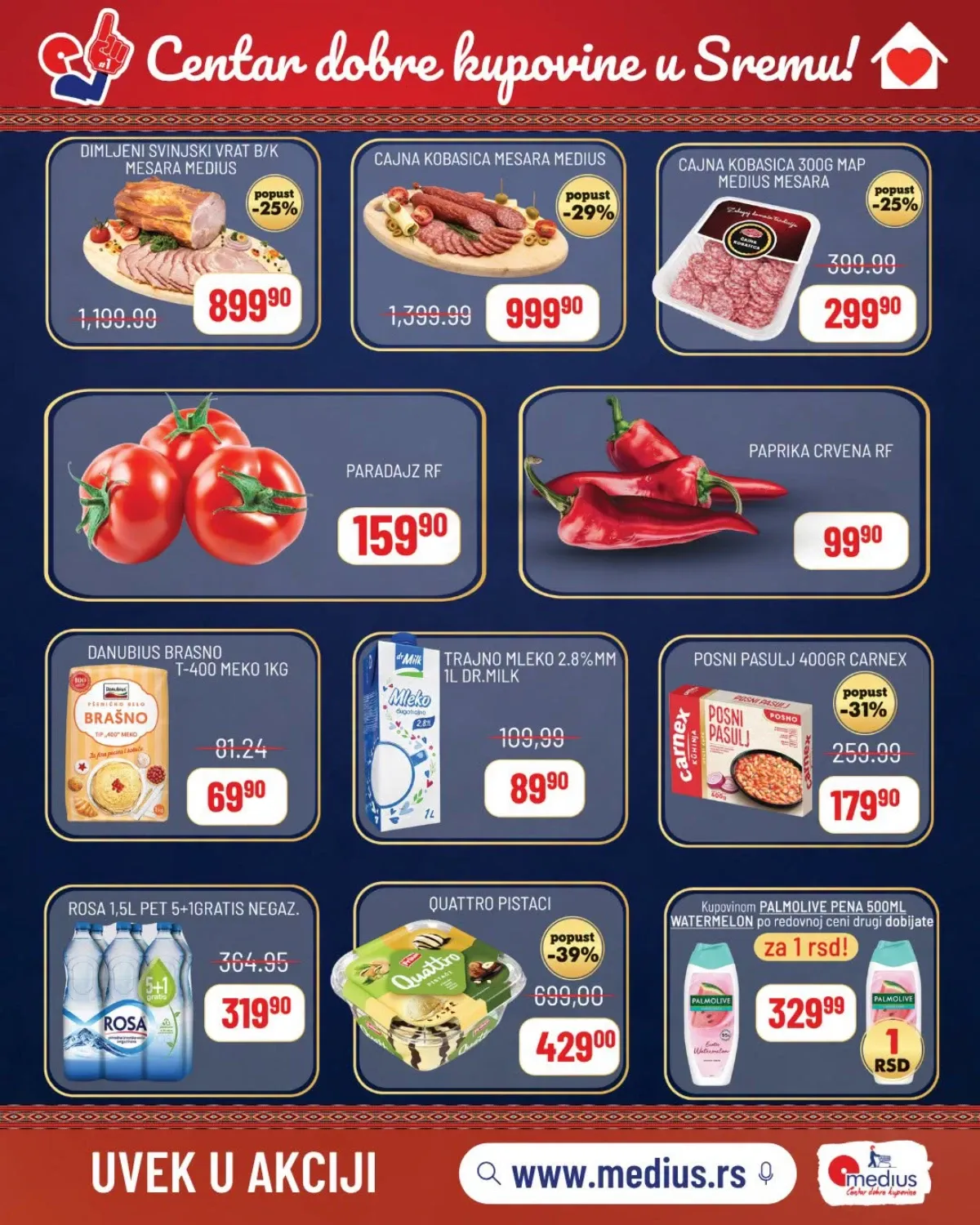 Medius akcija do 24.09.2026. – mesne prerađevine, paradajz, paprika, brašno, mlijeko, pasulj, voda i sladoled po akcijskim cijenama