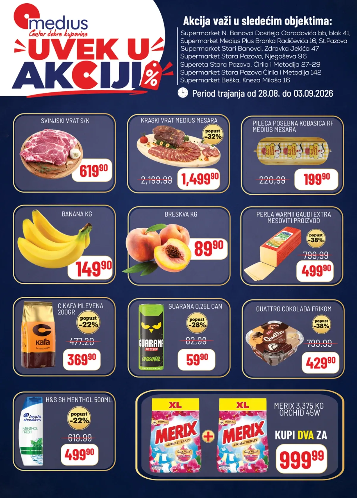 Medius Uvek u akciji od 28.08. do 03.09.2026. – meso, suhomesnati proizvodi, voće, piće, sladoled i kućna hemija uz popuste do 38%