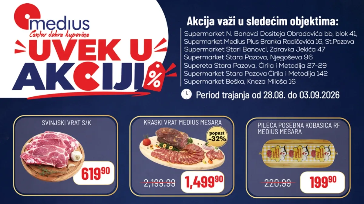 Medius Uvek u akciji od 28.08. do 03.09.2026. – prehrambeni proizvodi, piće, sladoled i kućna hemija uz popuste do 38%