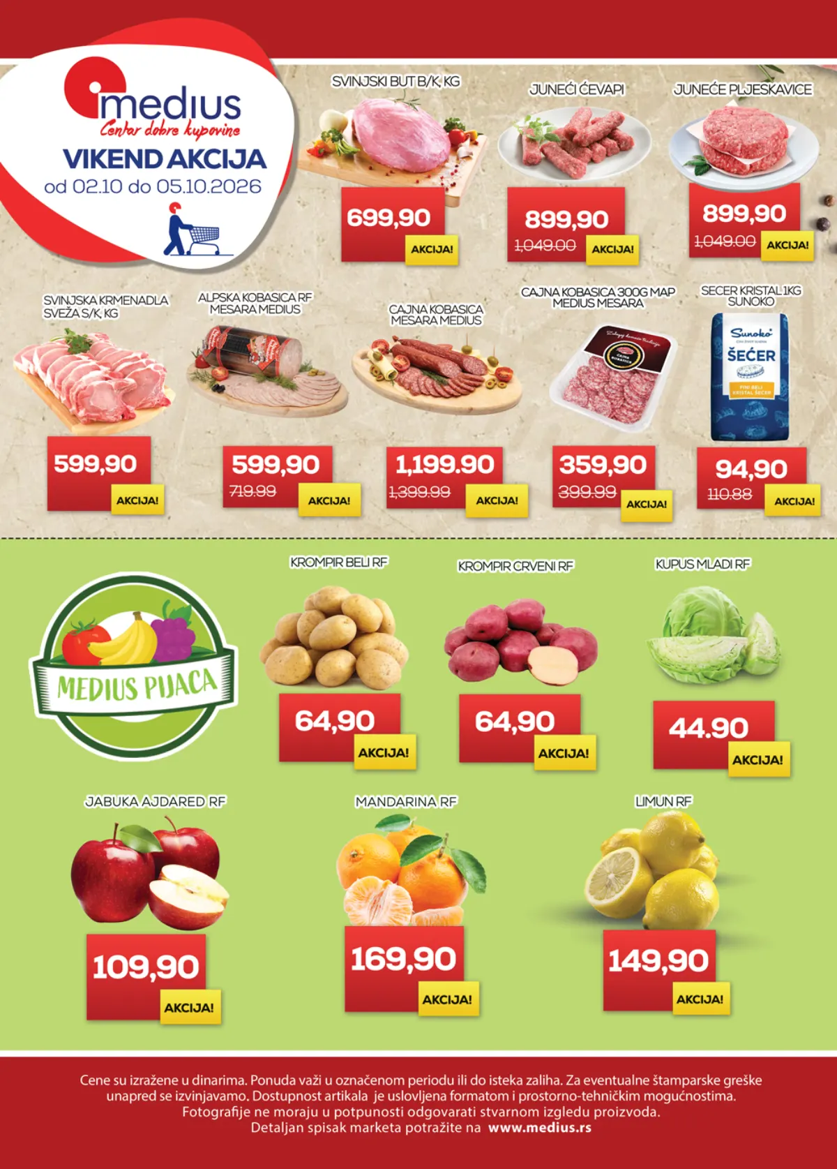 Medius vikend akcija od 02.10. do 05.10.2026. – svinjski but, juneći ćevapi i pljeskavice, kobasice, šećer, krompir, kupus, jabuke, mandarine i limun po akcijskim cenama