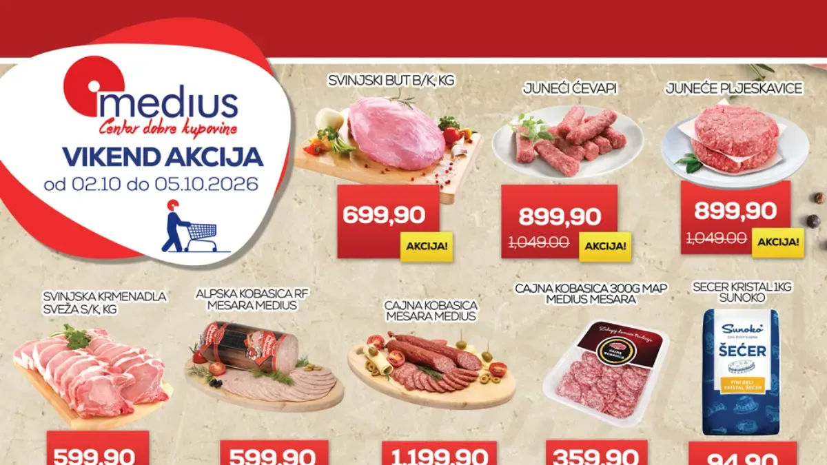 Medius vikend akcija od 02.10. do 05.10.2026. – svinjsko i juneće meso, kobasice, krompir, kupus, jabuke, mandarine i limun po akcijskim cenama