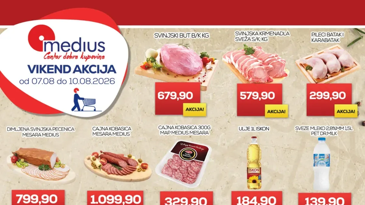 Medius vikend akcija do 10.08.2026. – svinjski but, pileći batak, mesne prerađevine, voće i povrće po akcijskim cenama