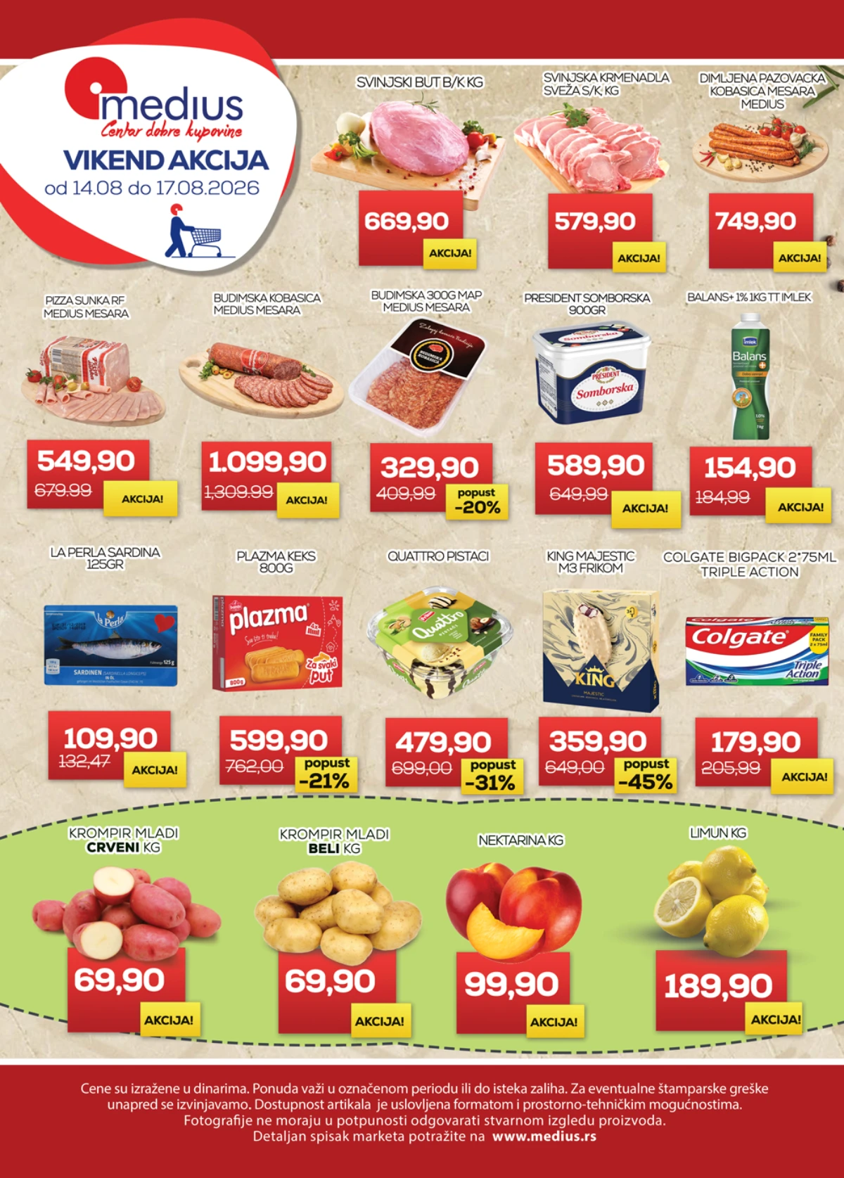 Medius vikend akcija od 14.08. do 17.08.2026. – meso, suhomesnati proizvodi, Plazma keks, Quattro i King sladoled, voće i povrće