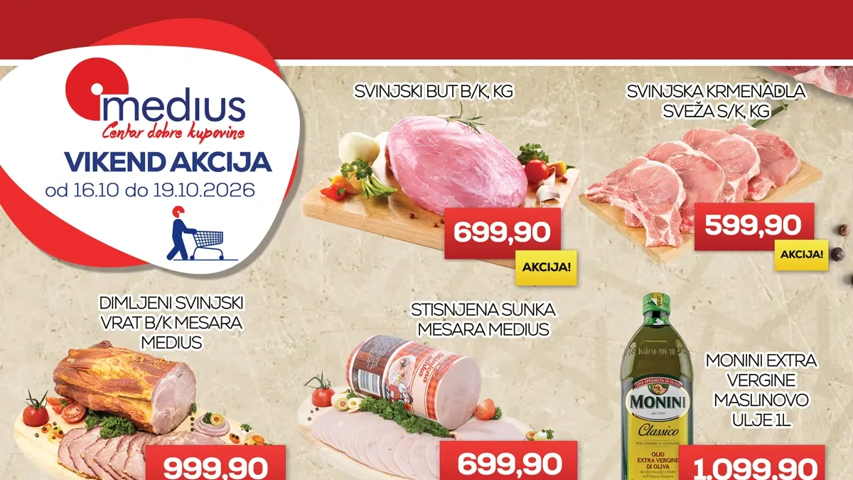 Medius vikend akcija od 16. do 19.10.2026. – svinjski but, svinjska krmenadla, dimljeni vrat, šunka, maslinovo ulje, krompir, kupus, jabuke, mandarine i limun
